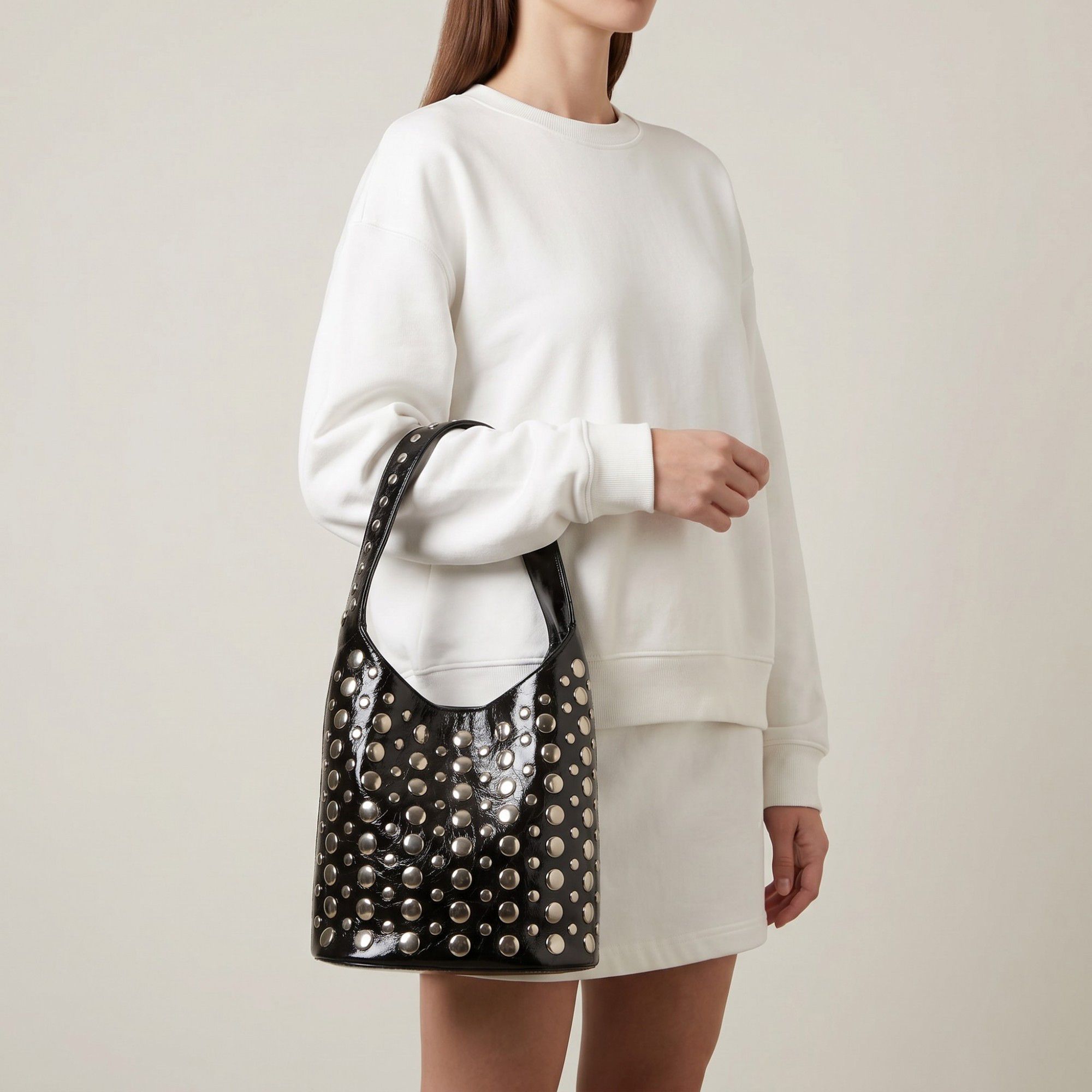 Studded Bucket Shoulder Bag with Glossy Finish Wide Strap Structured Silhouette Fashion Handbag 9.5x8.5x5 in