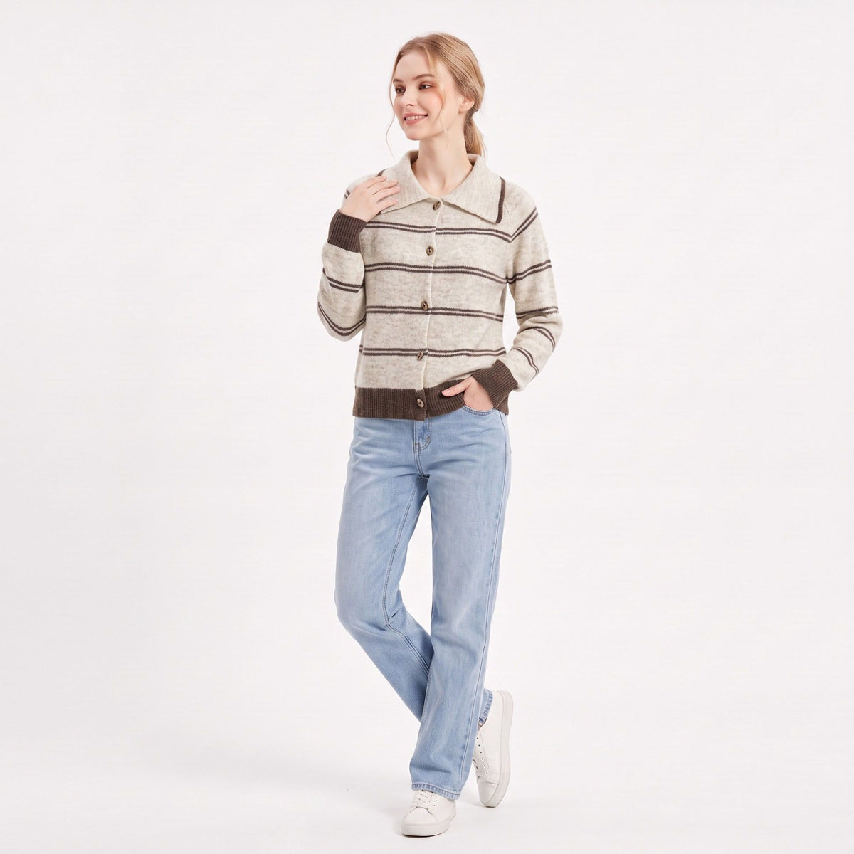 Striped Collared Button-Front Cardigan Sweater