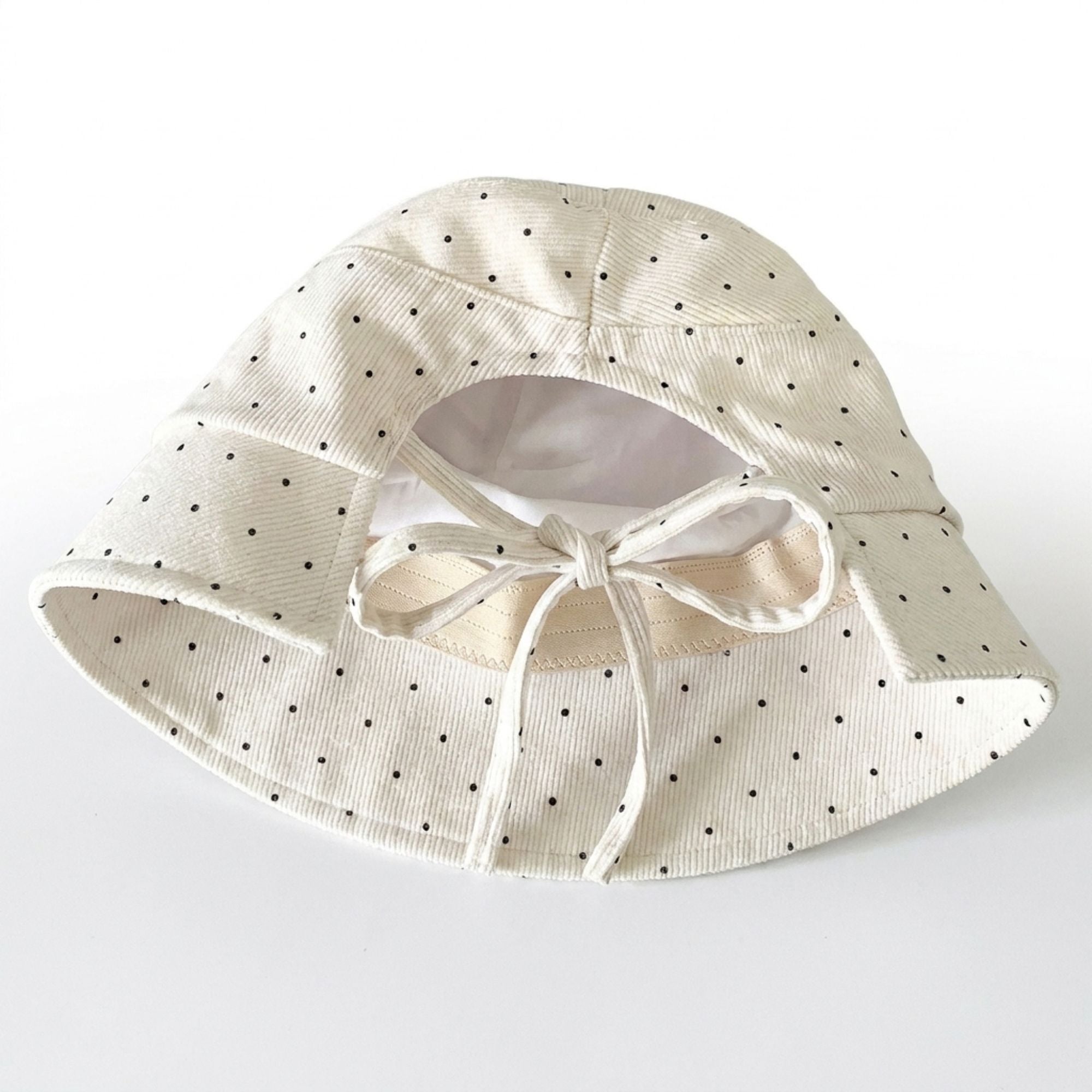 Polka Dot Corduroy Bucket Hat Wide Brim Tie Back Sun Hat