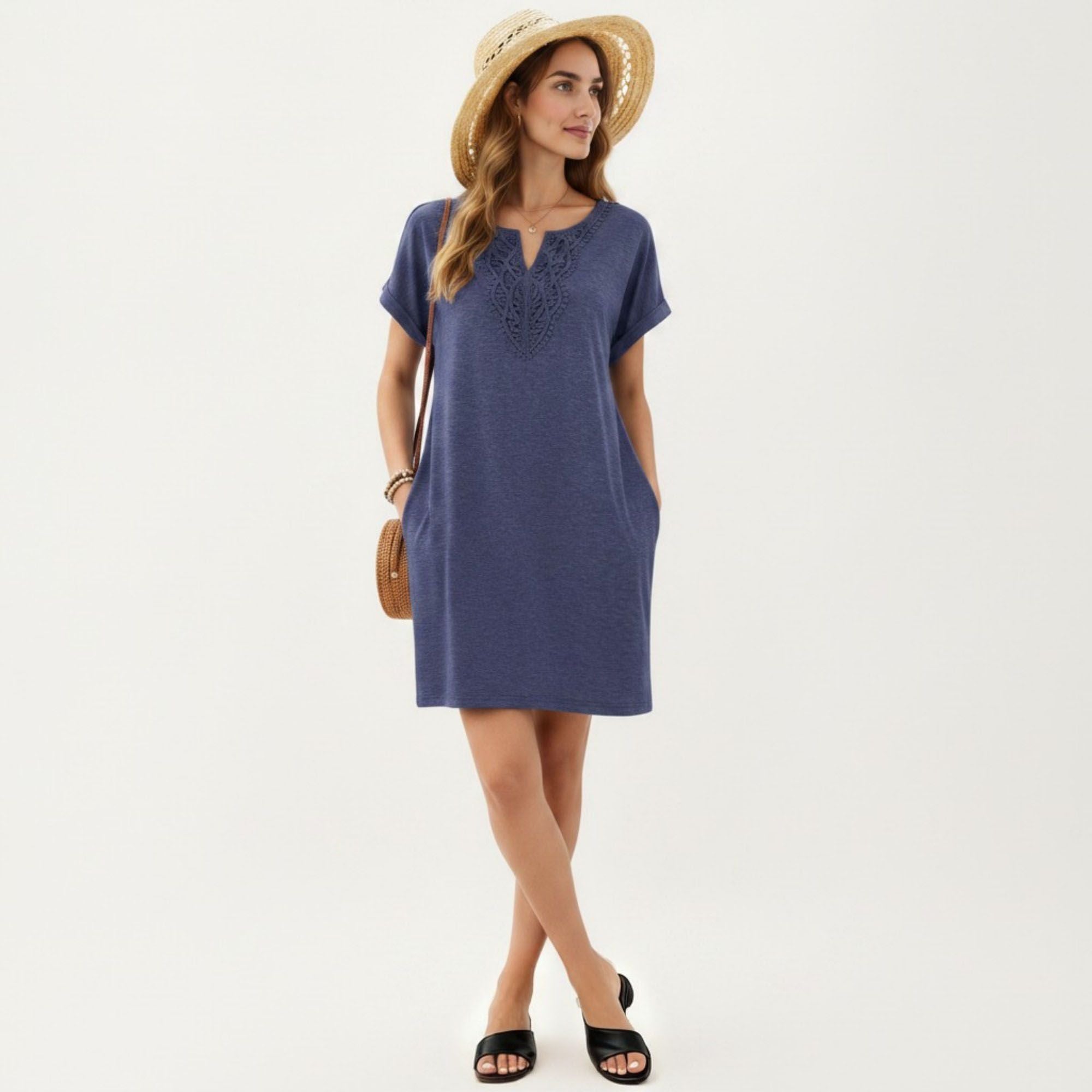 Anna-Kaci Women's Short Sleeve Shift Dress with Split V Neck Embroidered Detail Relaxed Fit Casual Tunic Dress