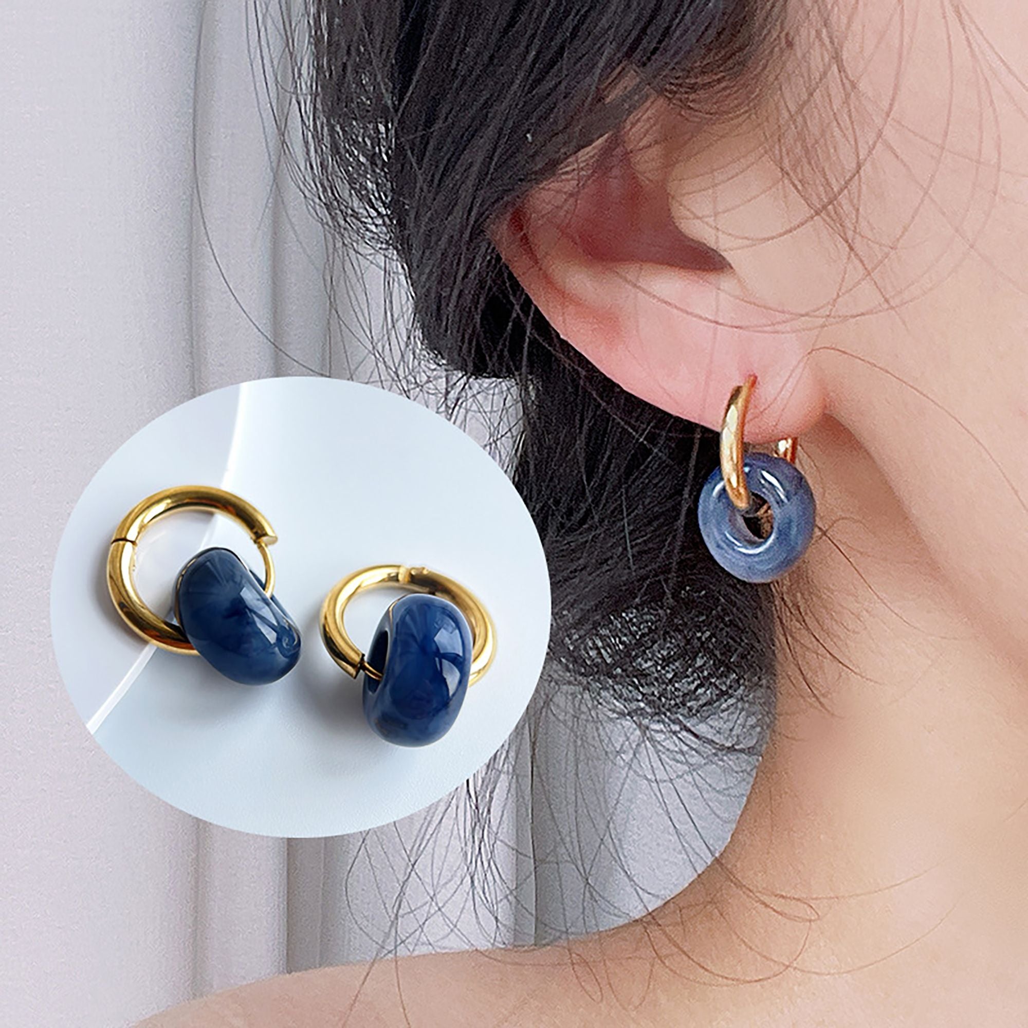 Women's Huggie Hoop Earrings with Gemstone Drop - Edgy Minimalist Statement Earrings
