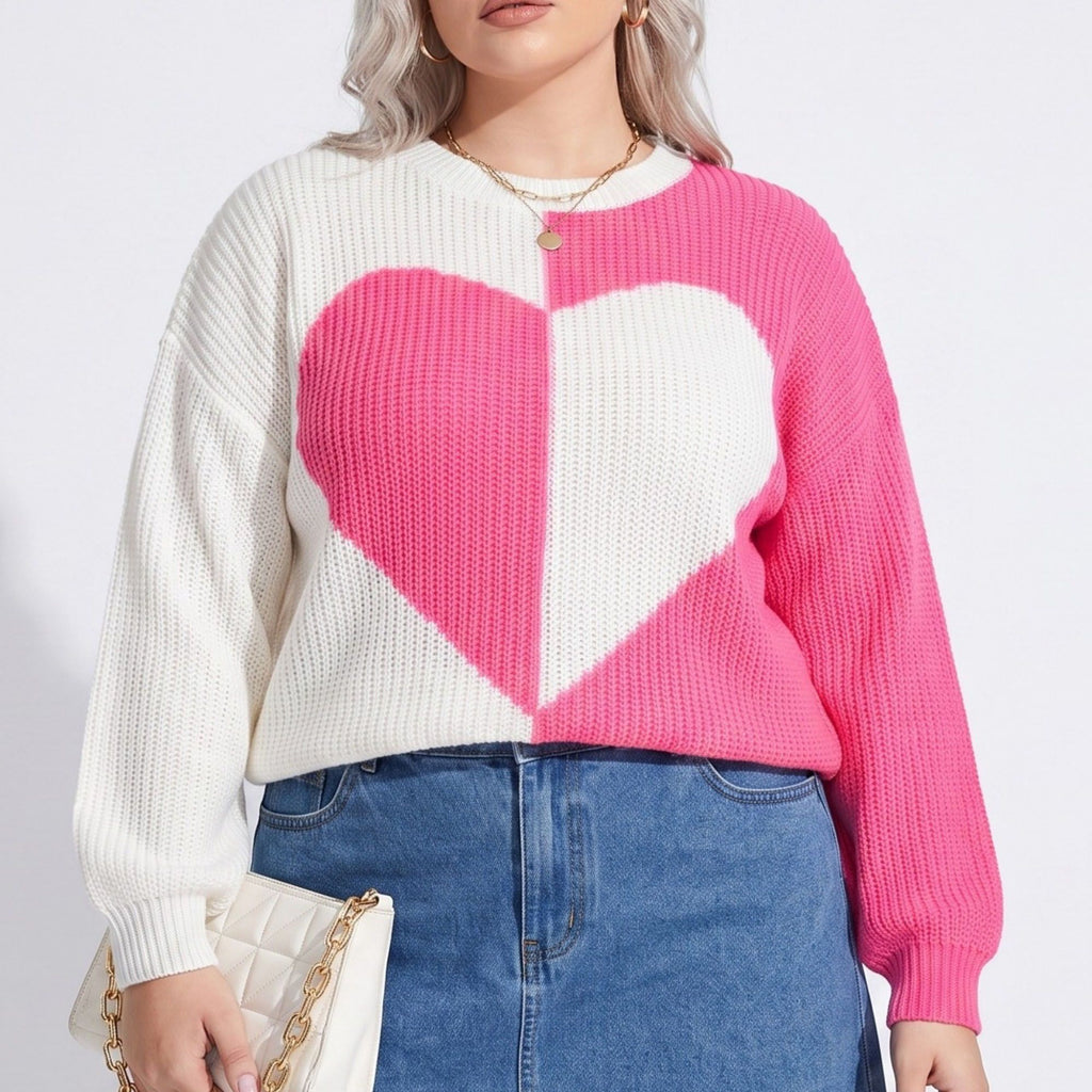 Plus Size Heart Colorblock Crewneck Sweater