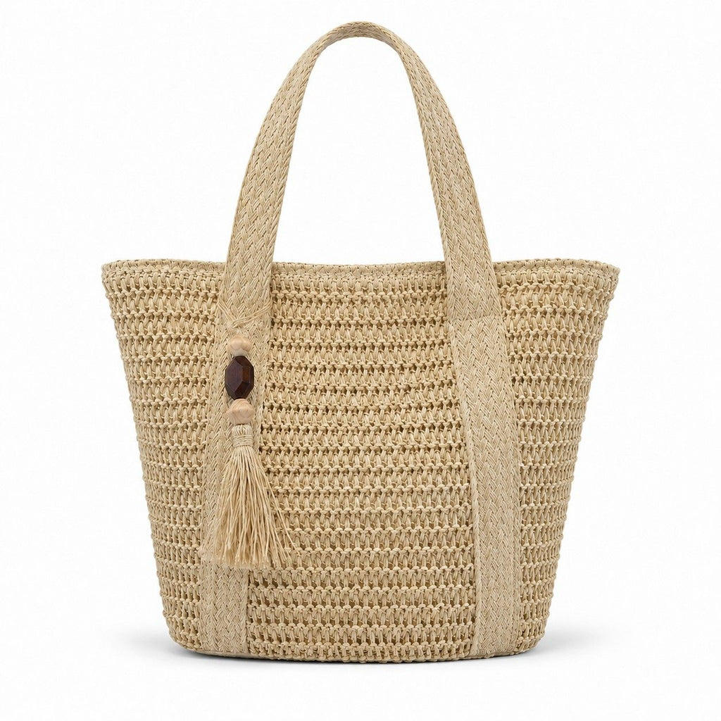 Woven Straw Tote Bag Large Capacity Zip Top Shoulder Carryall with Tassel Accent