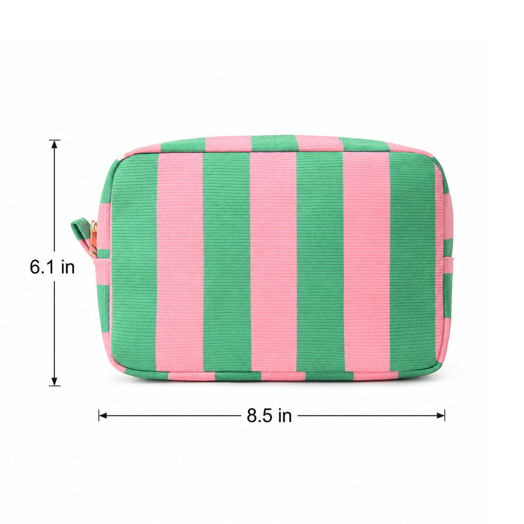 Striped Corduroy Cosmetic Pouch Makeup Bag with Zip Closure