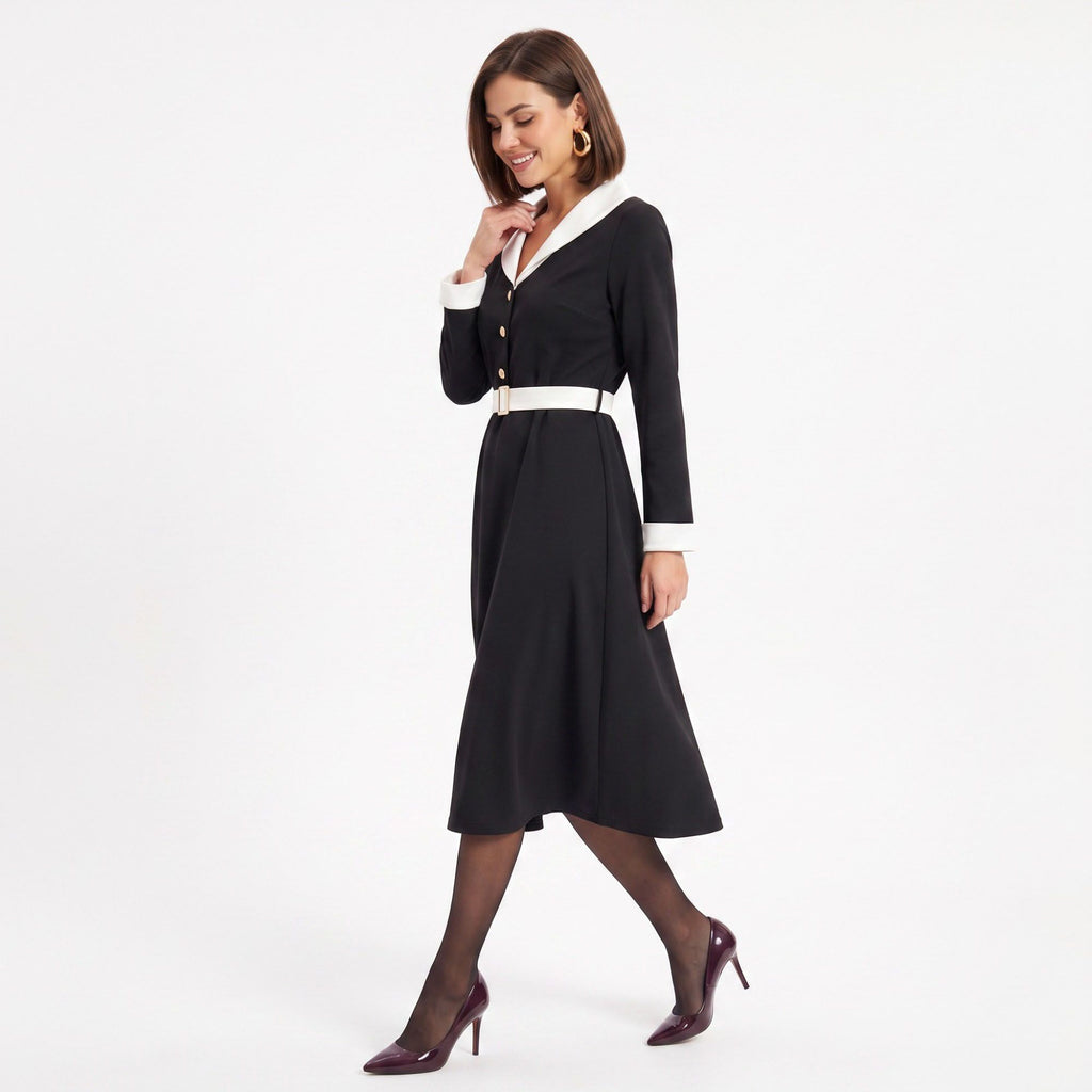 Contrast Collar Belted Midi Dress Long Sleeve Button Front Fit and Flare
