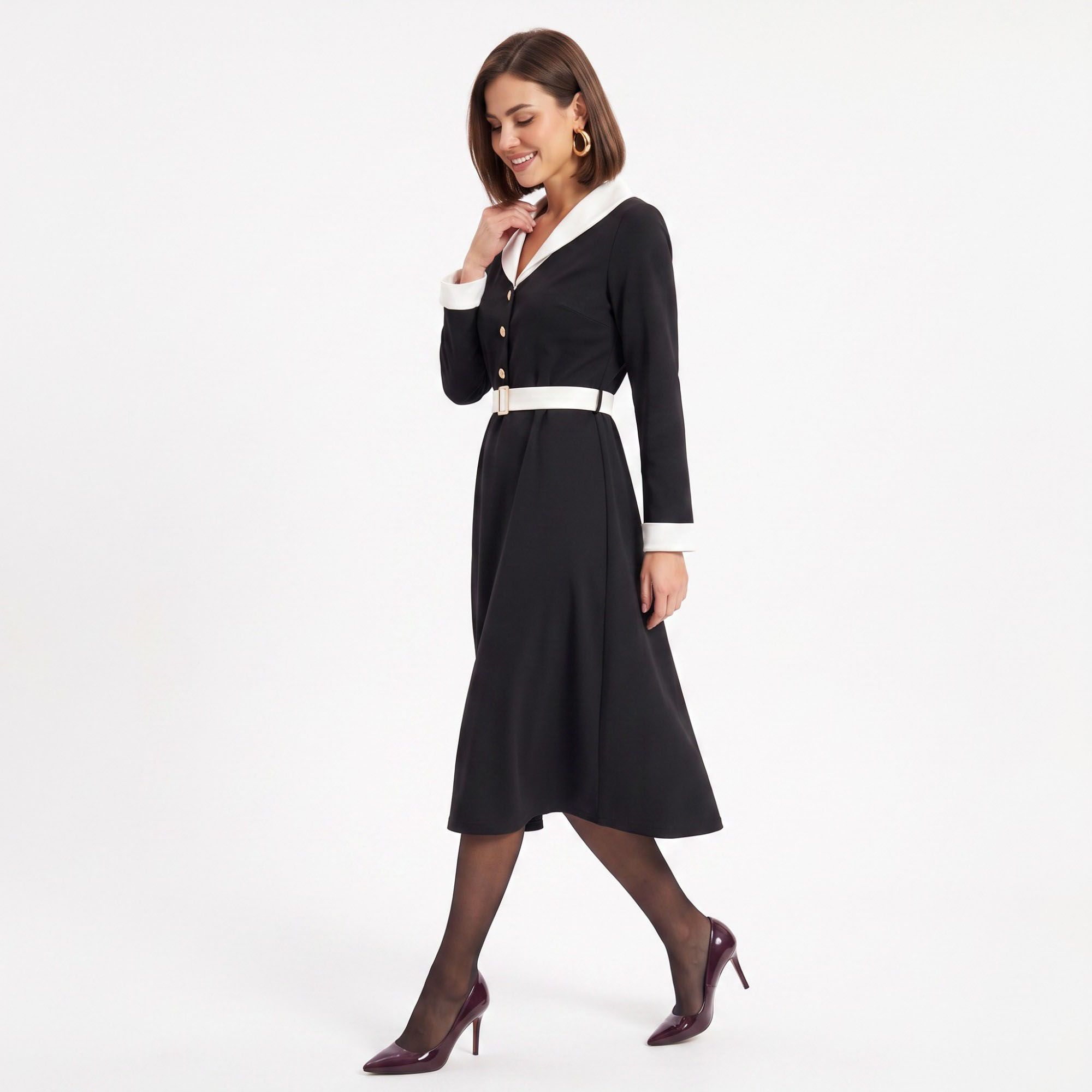 Contrast Collar Belted Midi Dress Long Sleeve Button Front Fit and Flare
