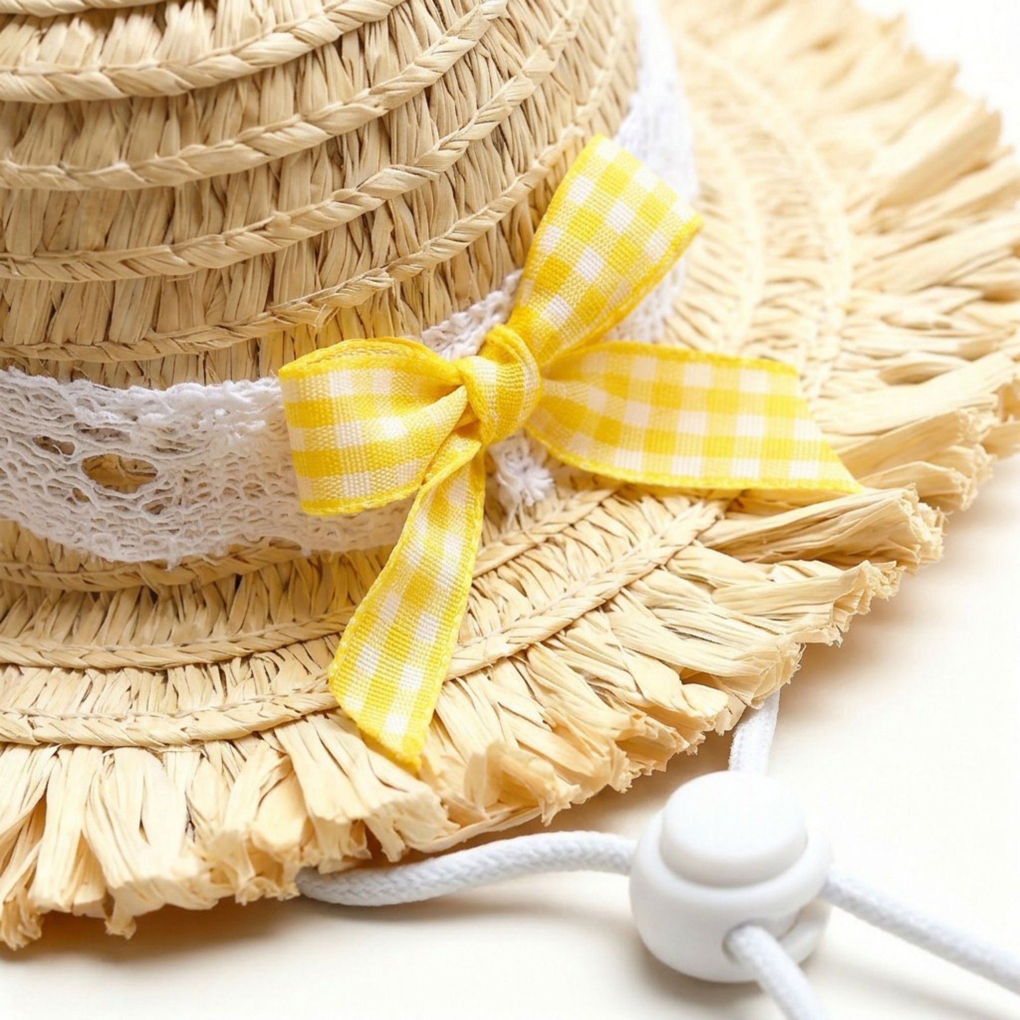 Pet Straw Sun Hat with Lace Trim Bow Adjustable Chin Strap Summer Costume Hat for Cats and Small Dogs