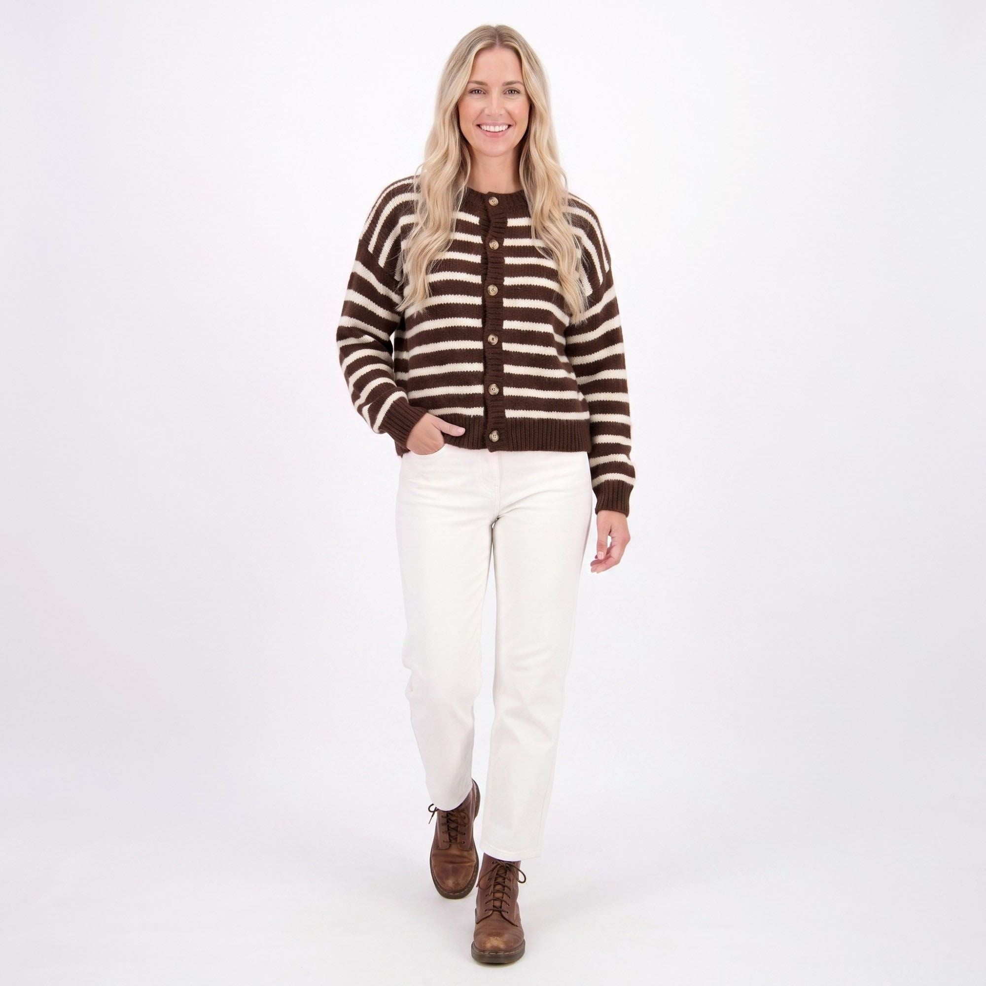 Striped Button-Front Crew Neck Knit Cardigan
