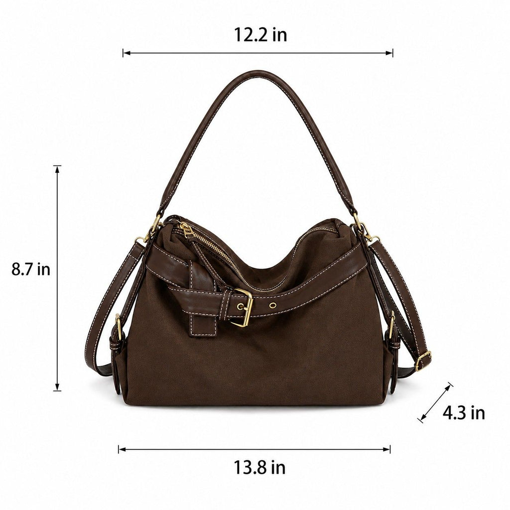 Slouchy Shoulder Hobo Bag with Adjustable Strap Buckle Detail and Inner Zip Pocket