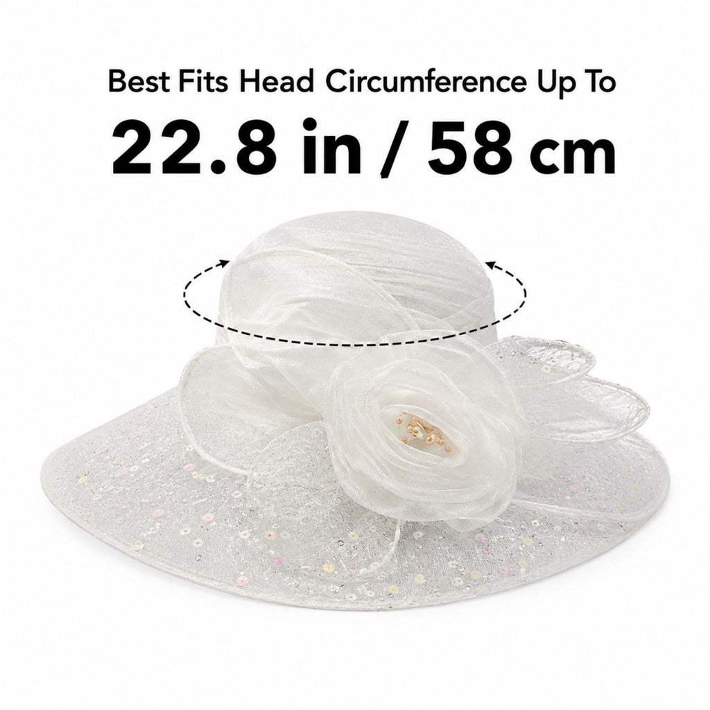 Wide Brim Floral Sun Hat with Sequin Mesh and Rose Accent