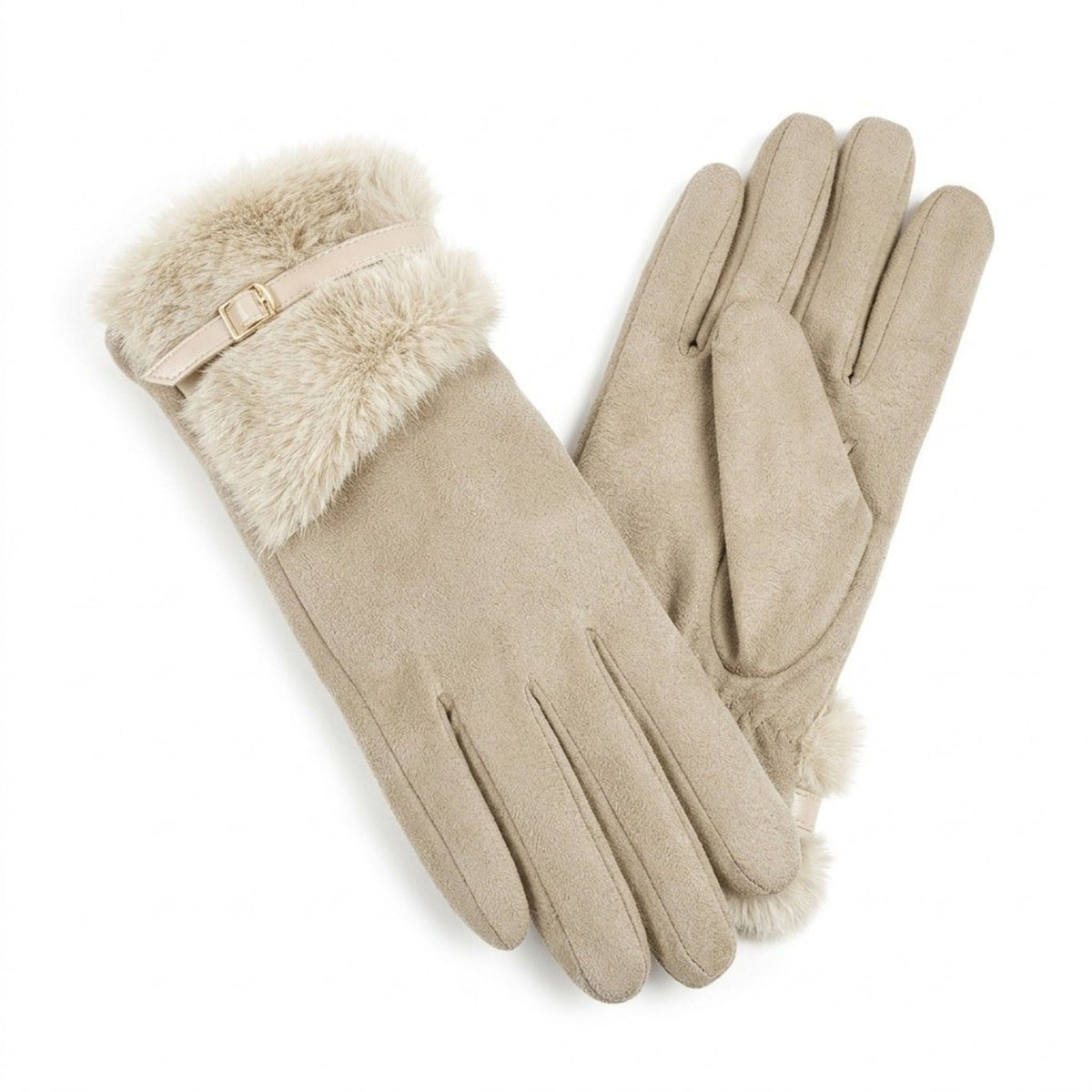 Faux Suede Gloves with Faux Fur Cuff and Buckle Detail 9.9 x 3.9in