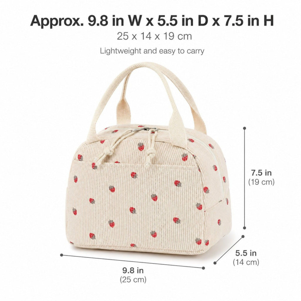 Strawberry Print Corduroy Insulated Lunch Bag with Handles and Zip Closure