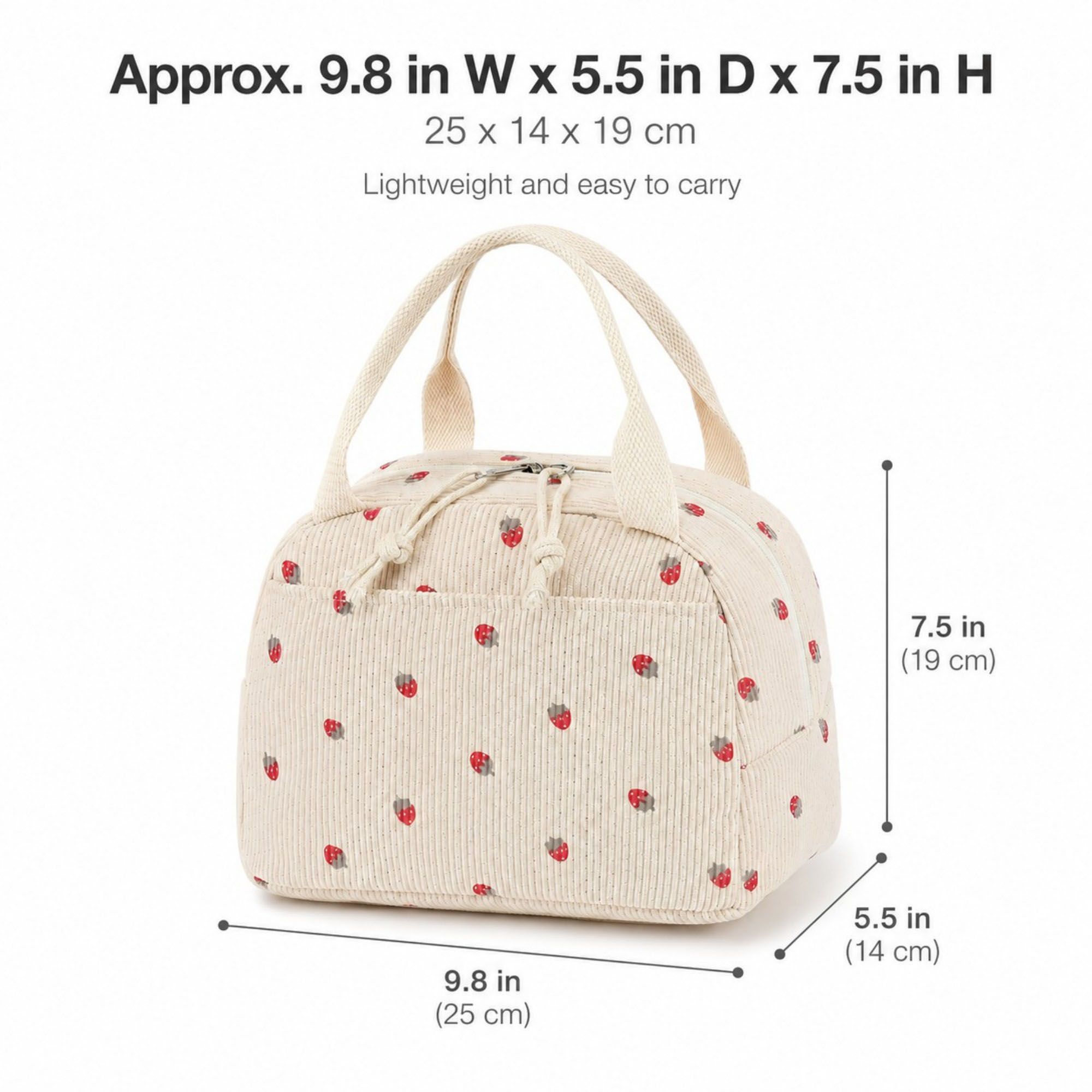 Strawberry Print Corduroy Insulated Lunch Bag with Handles and Zip Closure