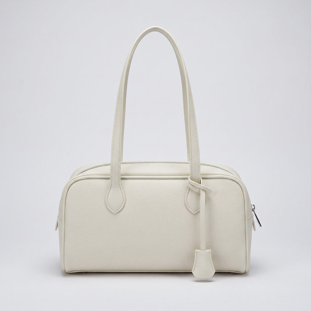 Smooth Grain Rectangular Boston Shoulder Bag with Fixed Long Top Handles & Full Zip Closure 11.8x7.1x4.7in