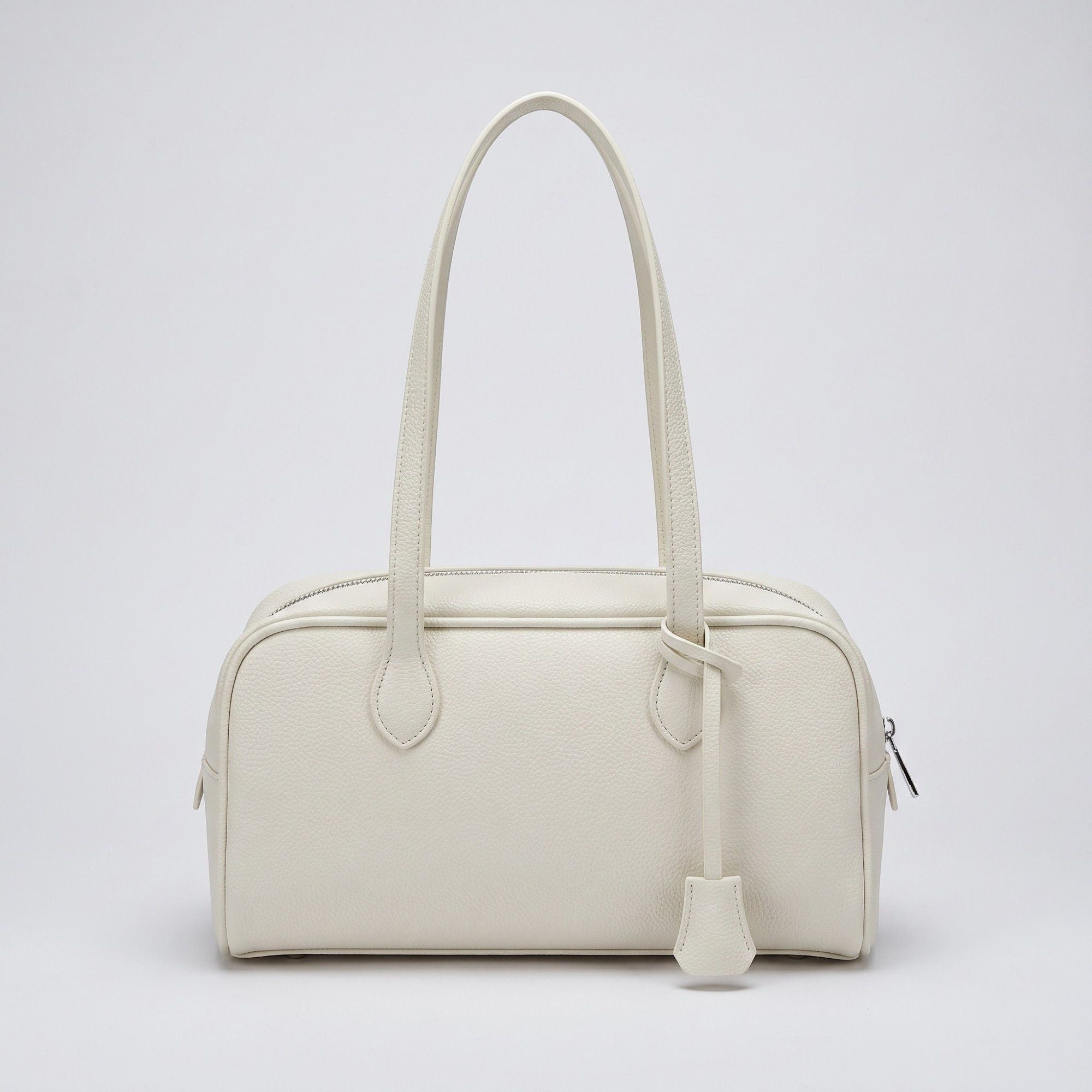 Smooth Grain Rectangular Boston Shoulder Bag with Fixed Long Top Handles & Full Zip Closure 11.8x7.1x4.7in
