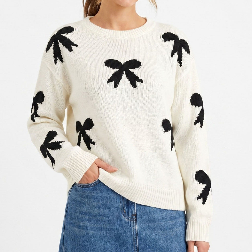 Bow Print Crewneck Long Sleeve Knit Sweater