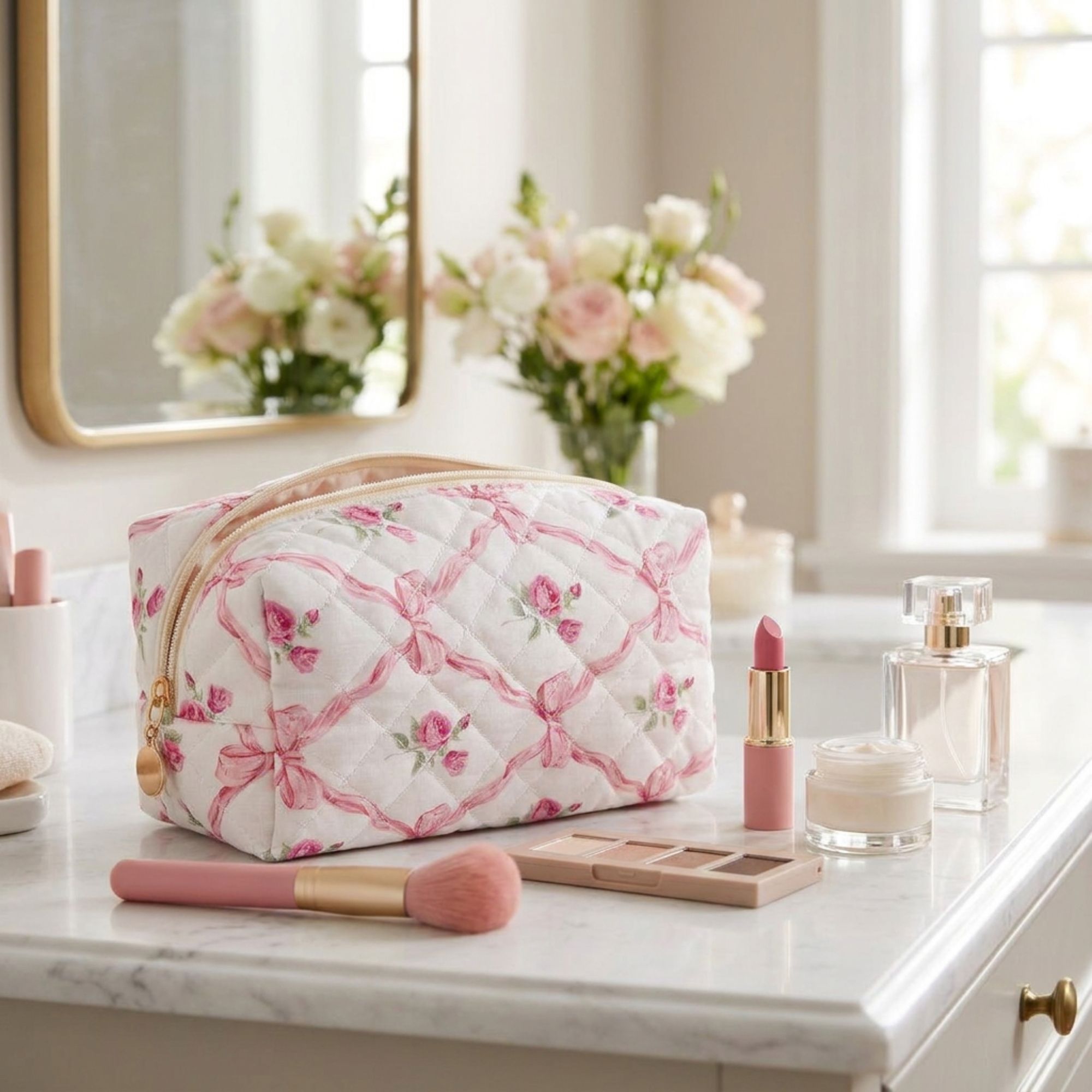 Floral Quilted Makeup Bag Travel Cosmetic Toiletry Pouch with Zipper Closure