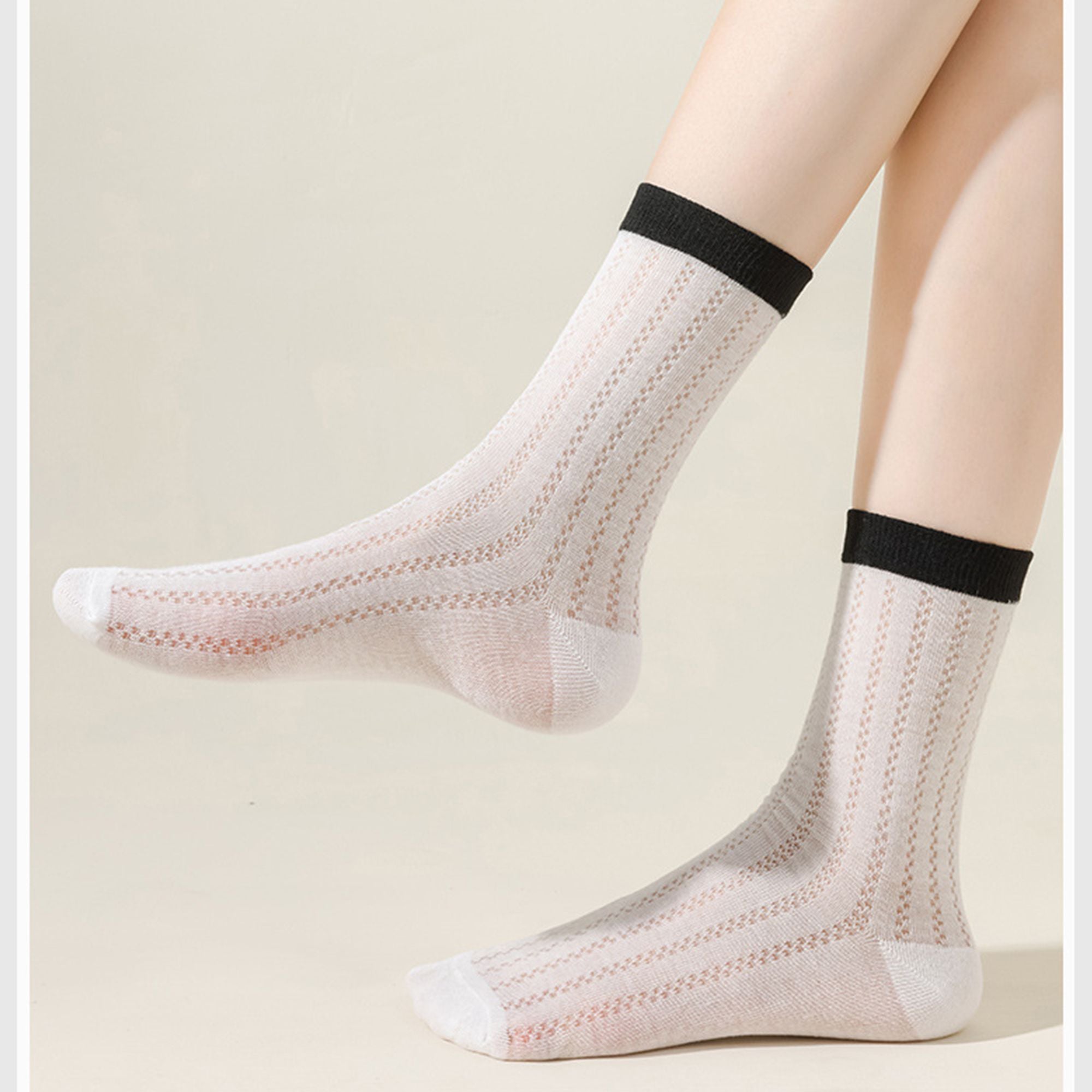 Anna-Kaci 5 Pairs Women's Breathable Lace-Knit Crew Socks with Colored Cuffs Soft Lightweight Anti-Odor for Casual Wear