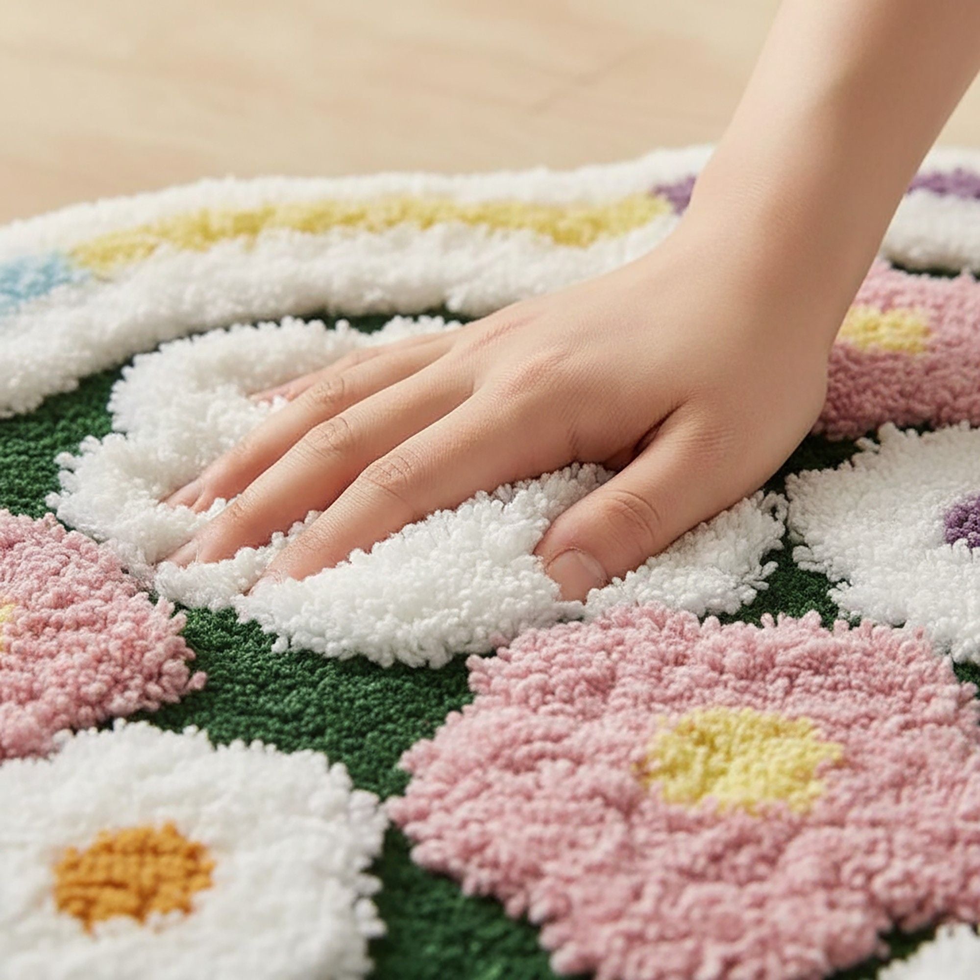 Tufted Floor Mat with Happy Text and Floral Pattern Non Slip Backing Soft Plush Decorative Scalloped Edge Indoor Rug