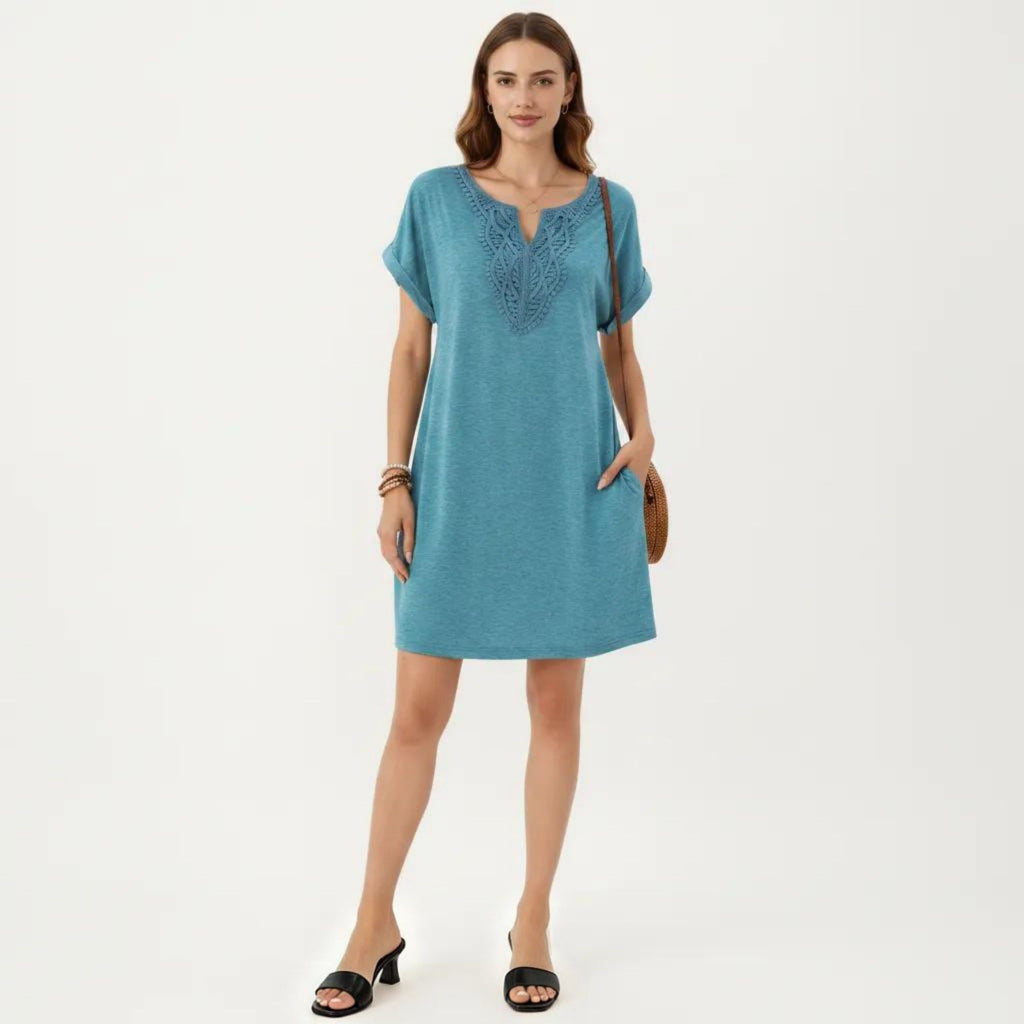 Anna-Kaci Women's Short Sleeve Shift Dress with Split V Neck Embroidered Detail Relaxed Fit Casual Tunic Dress