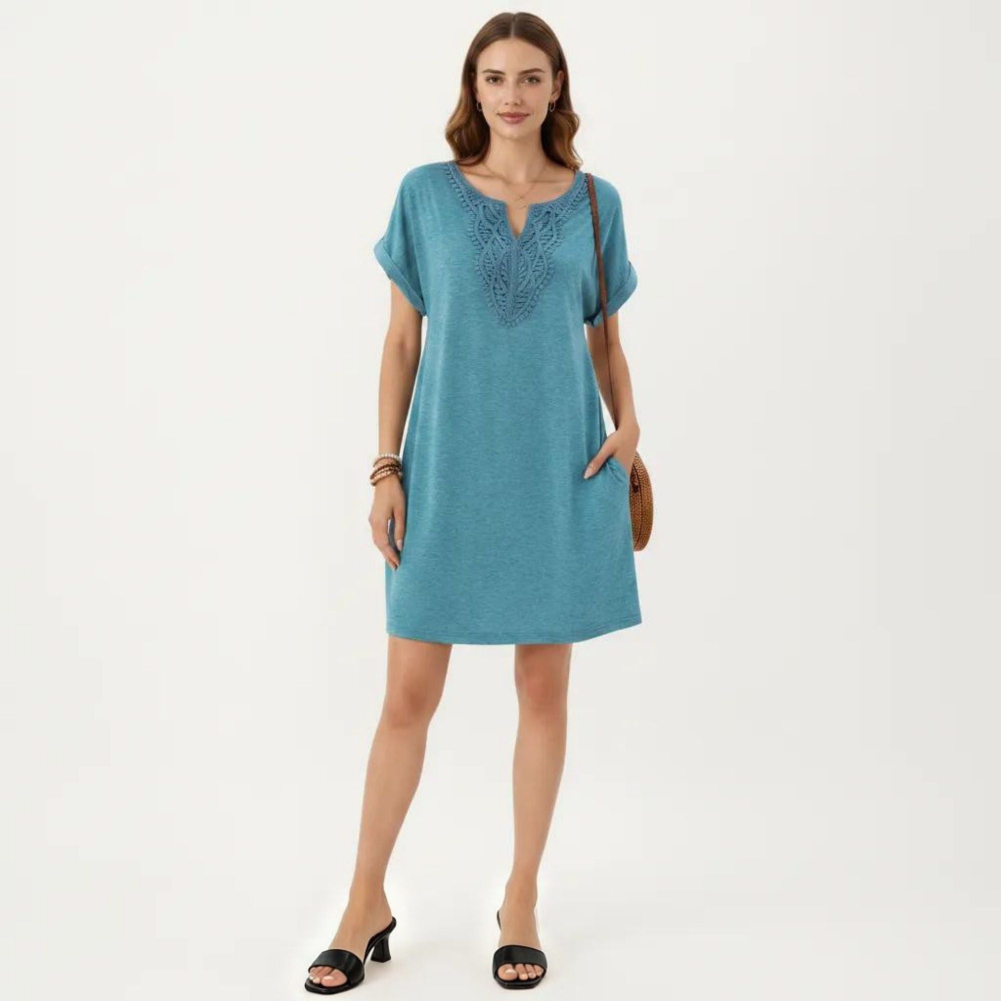Anna-Kaci Women's Short Sleeve Shift Dress with Split V Neck Embroidered Detail Relaxed Fit Casual Tunic Dress