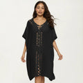 Teal women's dress with tropical, crochet and short sleeve