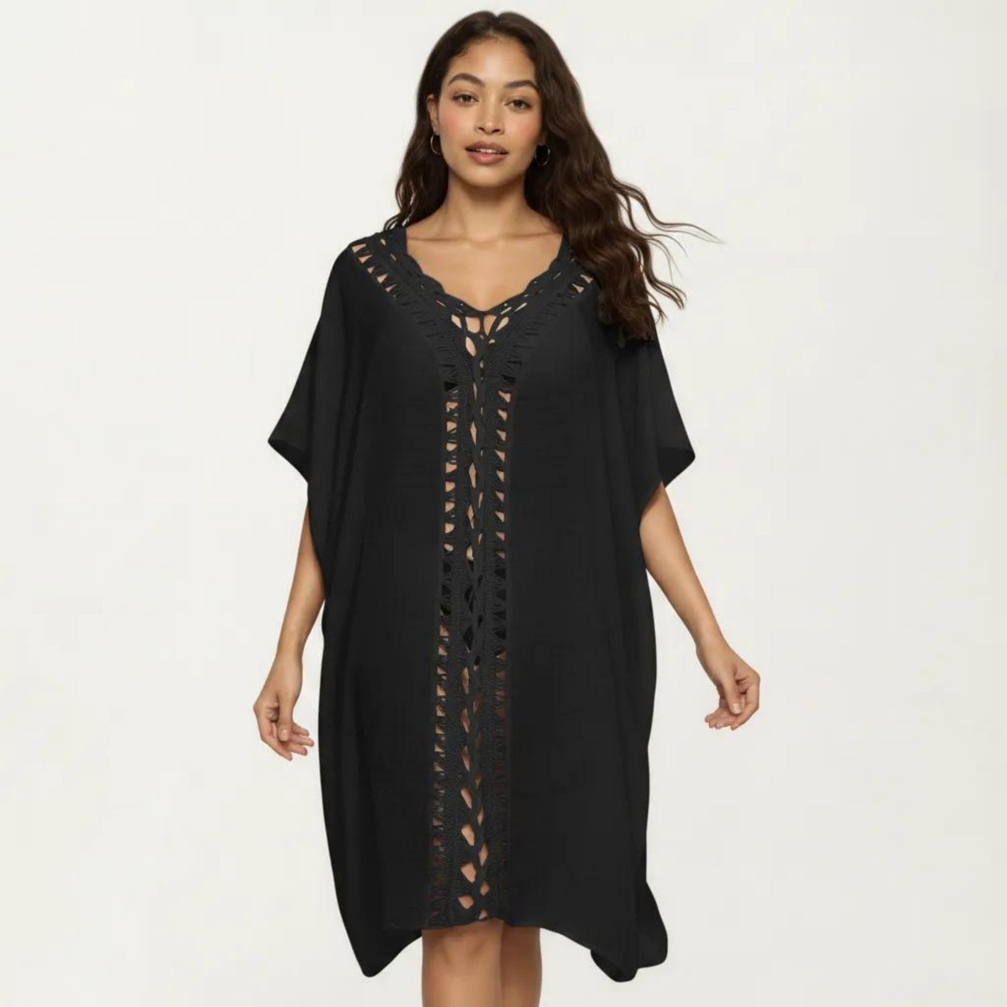 Anna-Kaci Women's Crochet Trim Swim Cover Up Dress Loose Short Sleeve Lightweight Beach Kaftan