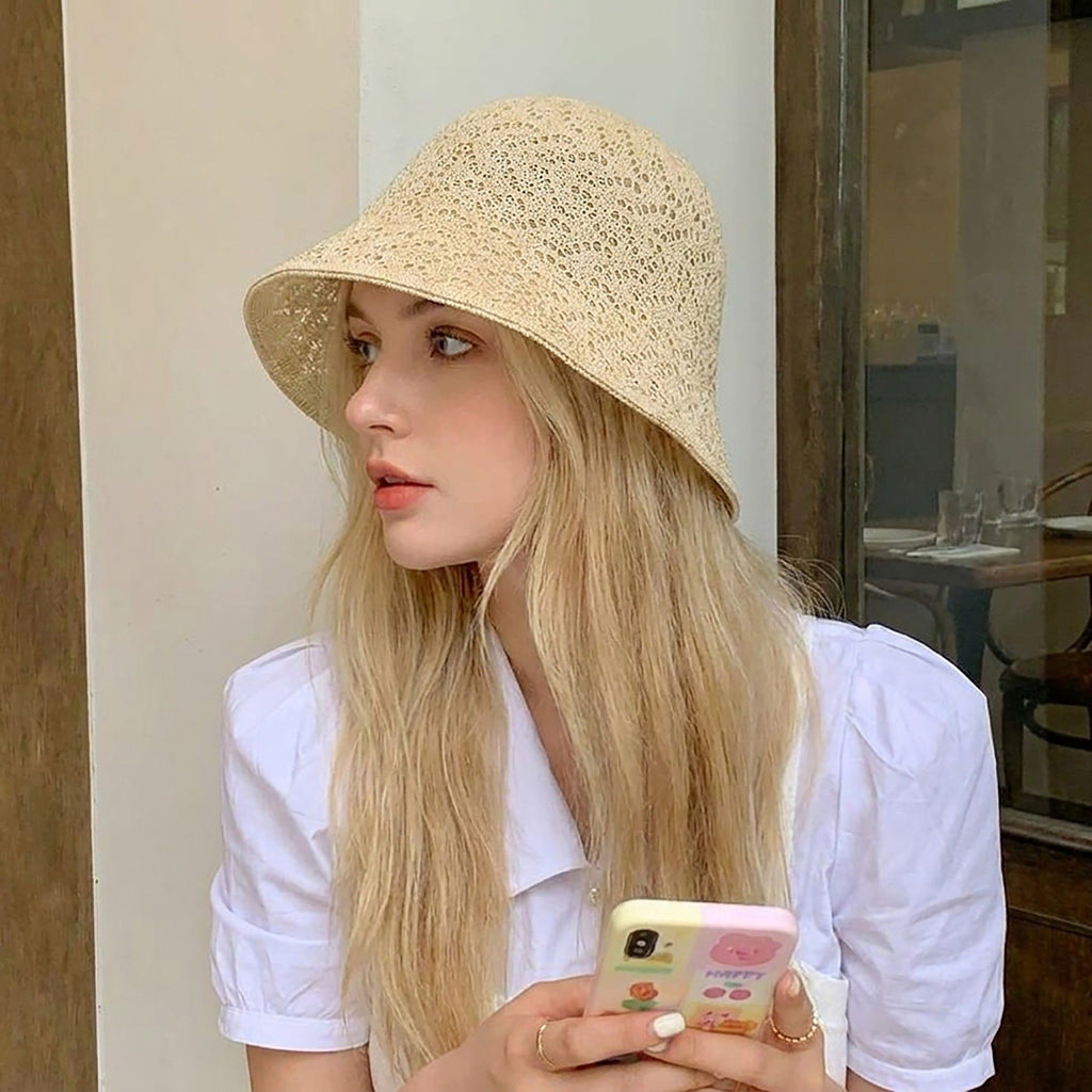 Crochet Bucket Sun Hat with Open Weave Texture and Flexible Brim Design
