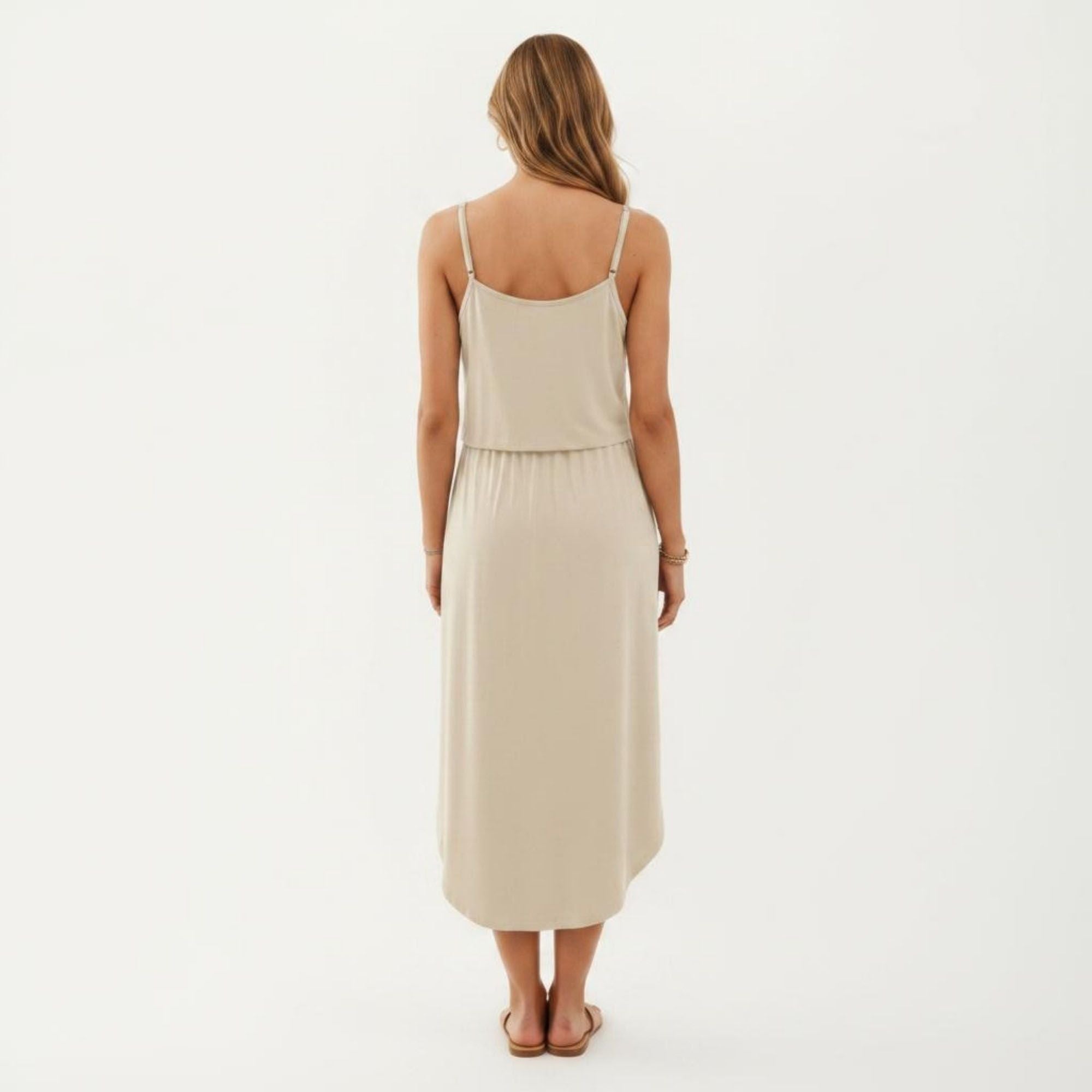 Anna-Kaci Women's Sleeveless Midi Dress with Spaghetti Straps and Adjustable Drawstring Waist Relaxed Fit Silhouette