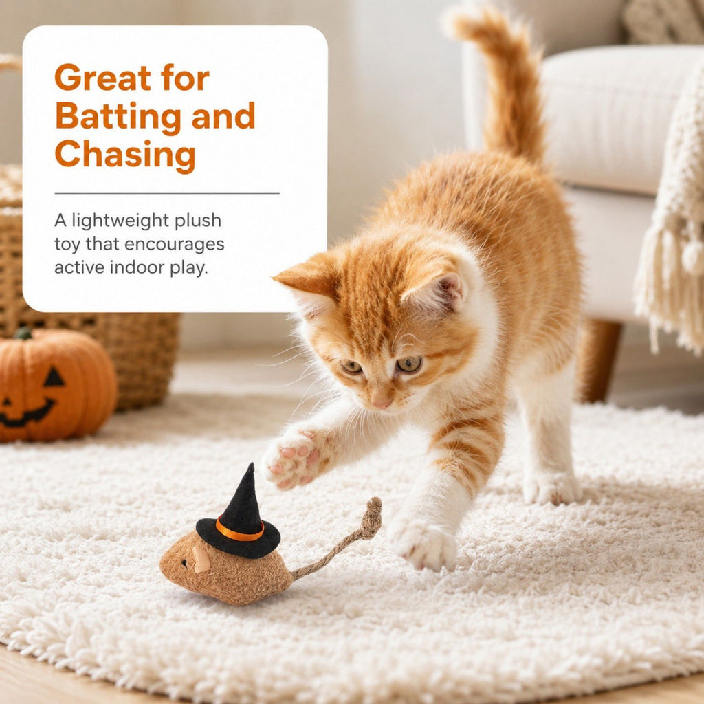 Halloween Witch Mouse Cat Toy with Soft Plush Body and Rope Tail