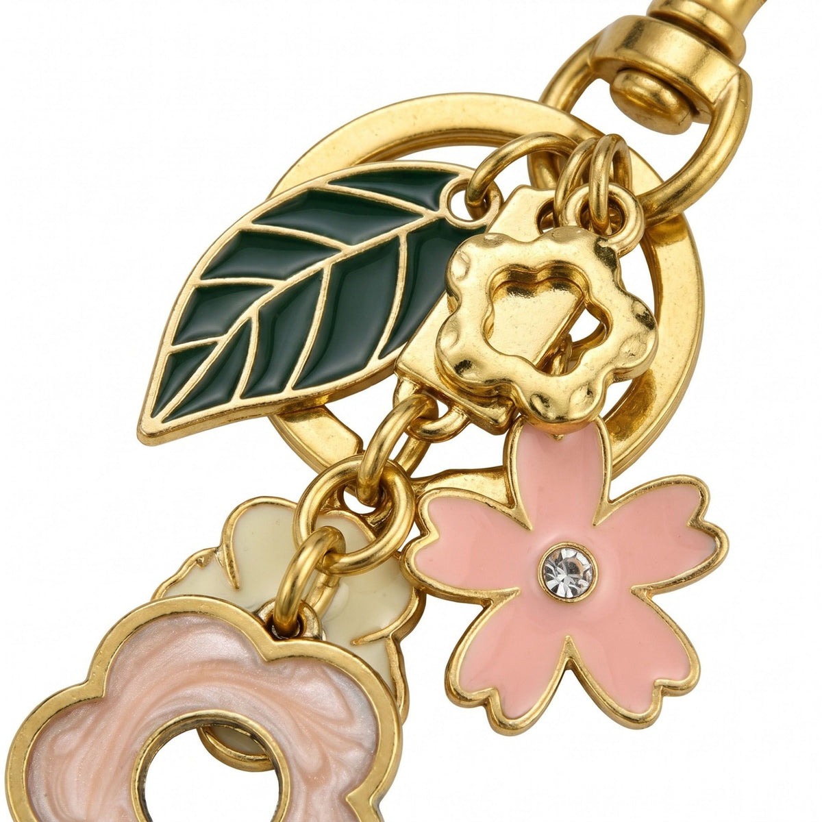 Floral Bag Charm Keychain with Leaf and Flower Pendants