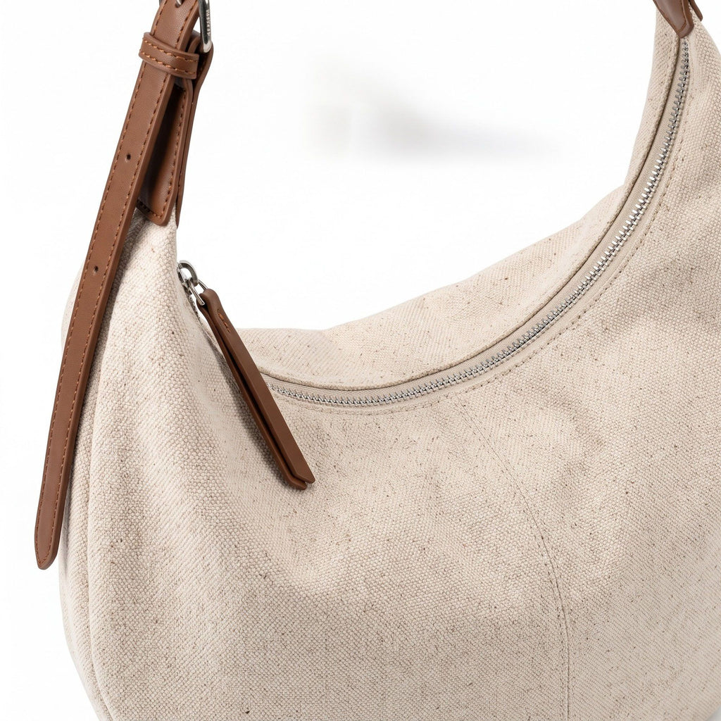 Canvas Crescent Shoulder Bag with Adjustable Faux Leather Strap and Top Zipper 16x10x1.5in