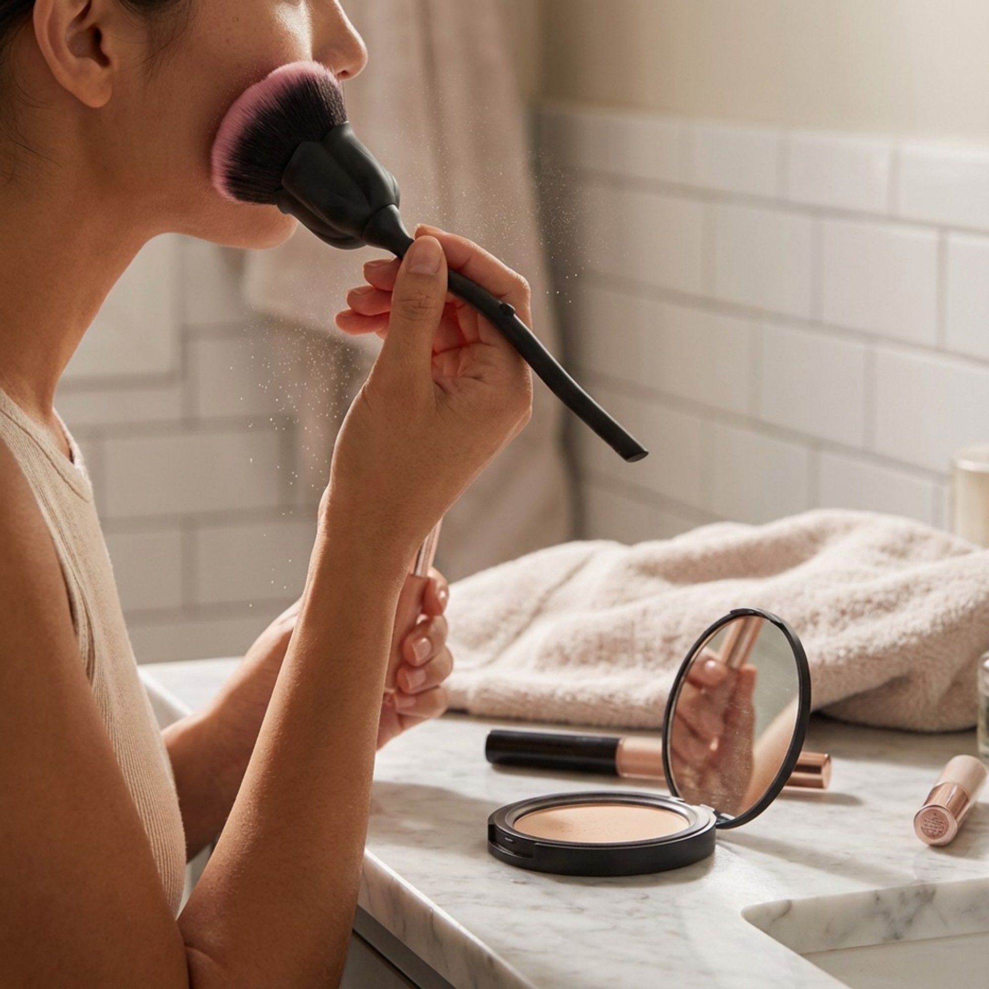Flower-Shaped Face Powder Brush with Soft Synthetic Bristles and Curved Sculpted Handle