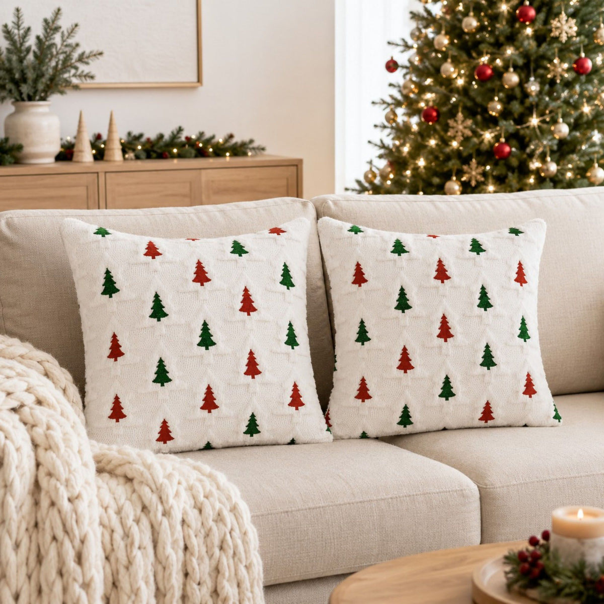 2 Pack Christmas Tree Pom Pom Decorative Throw Pillow Covers
