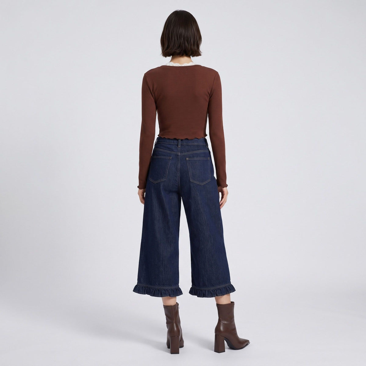 High-Waisted Dark Wash Ruffle Hem Cropped Wide-Leg Denim Trousers