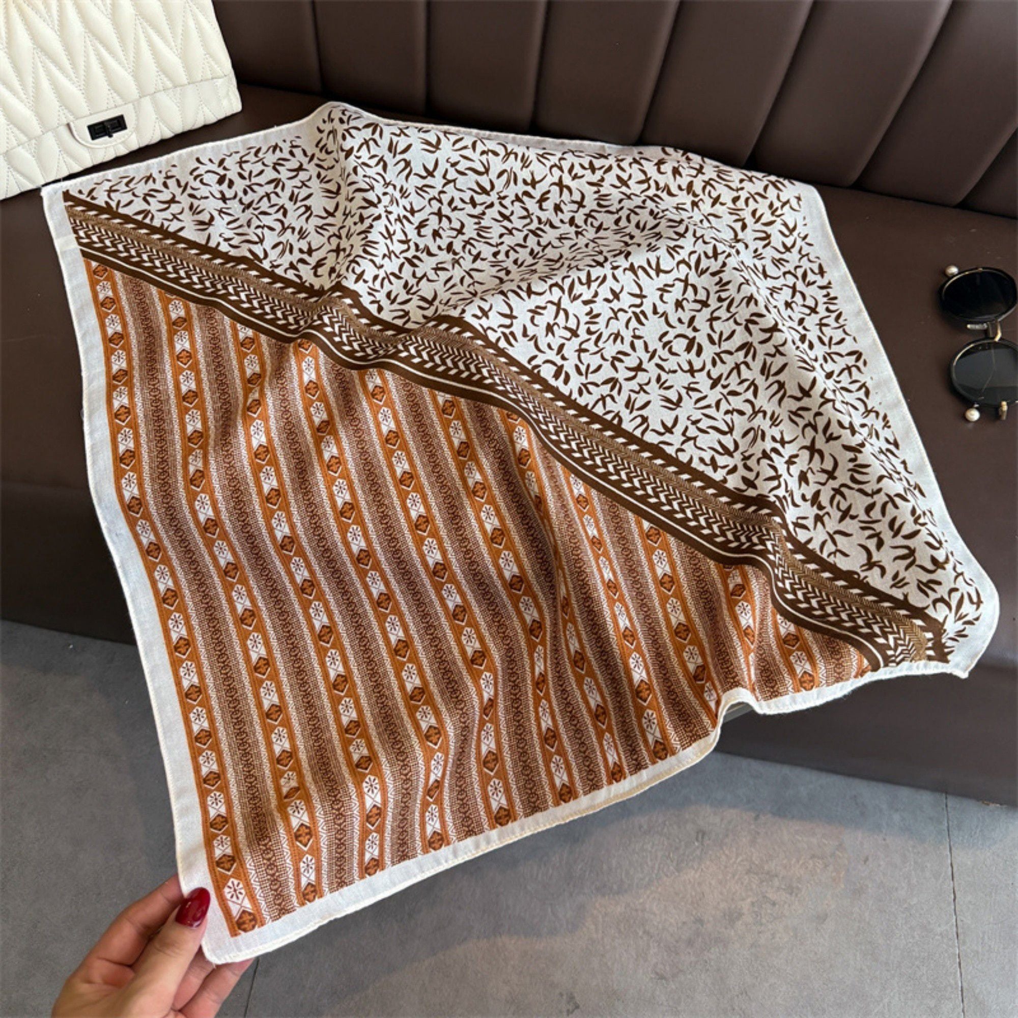 Anna-Kaci Women's Geometric and Leaf Print Satin Square Scarf with Contrasting Patterns 27x27in