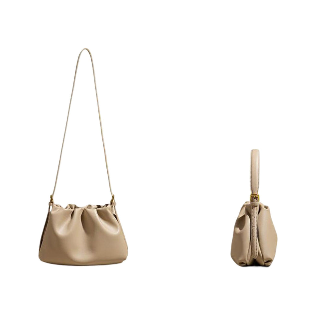 Gathered Leather Shoulder Pouch with Adjustable Strap Soft Pleated Silhouette and Minimalist Design