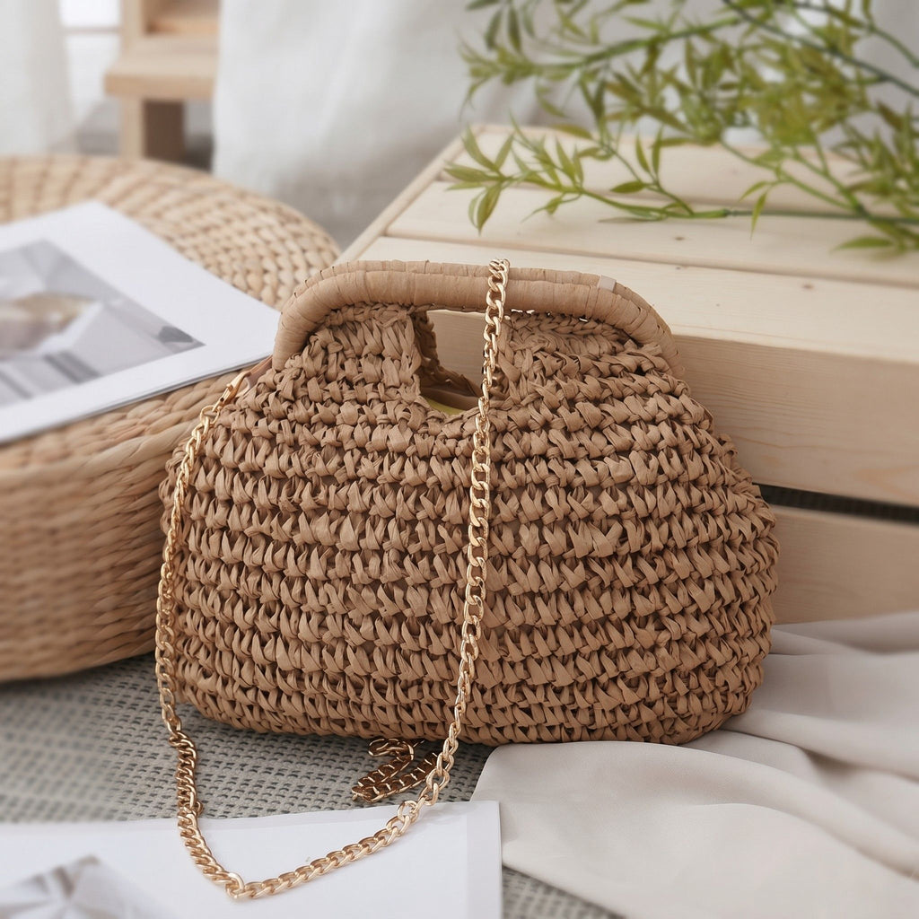 Small Woven Straw Handbag Chain Crossbody Bag with Top Handle and Flap Closure