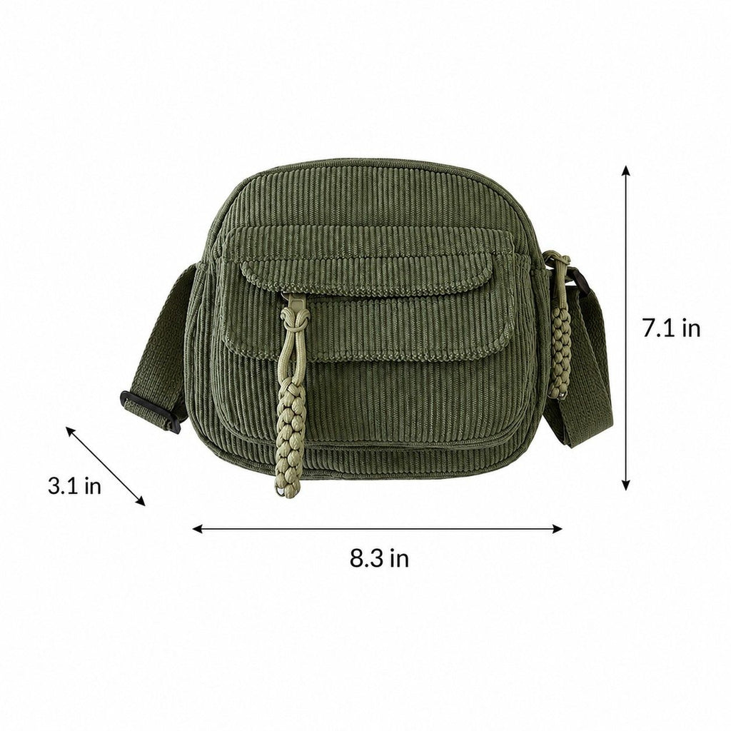 Corduroy Crossbody Bag with Front Pocket Adjustable Strap and Zip Closure