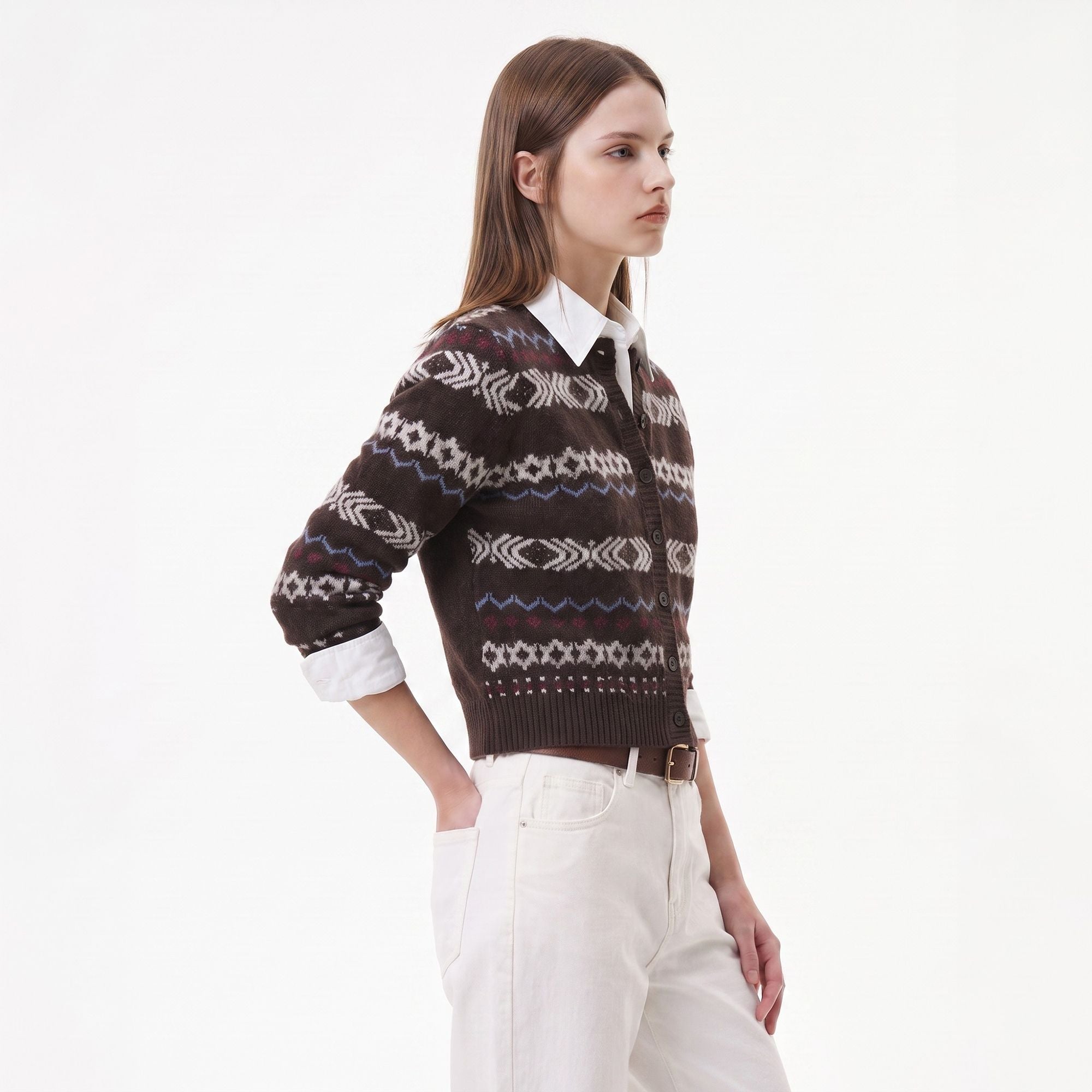 Geometric Pattern Button Front Knit Cardigan Sweater