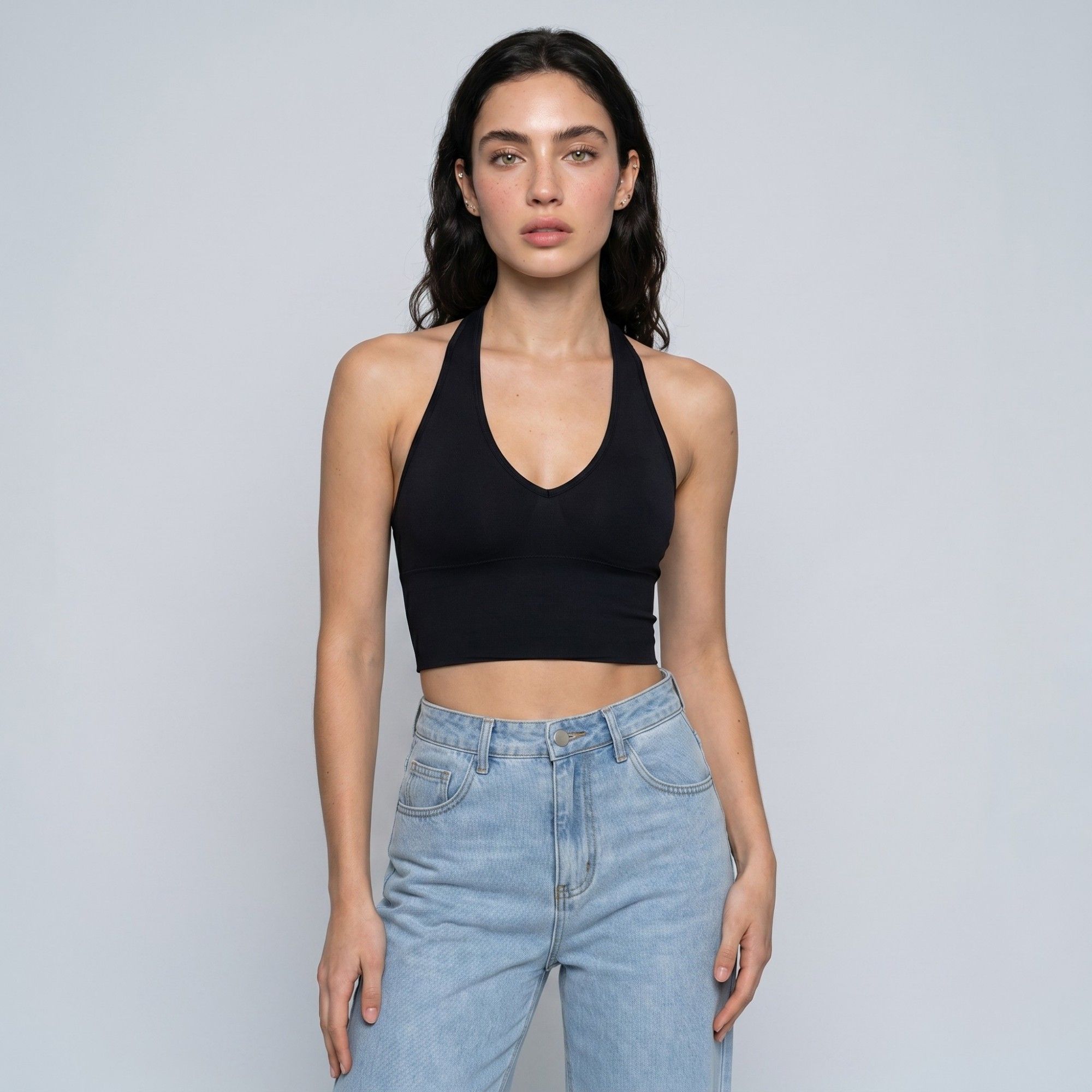 Anna-Kaci Active Womens Halter Neck Cropped Tank Top with V Neckline Smooth Stretch Knit and Fitted Band