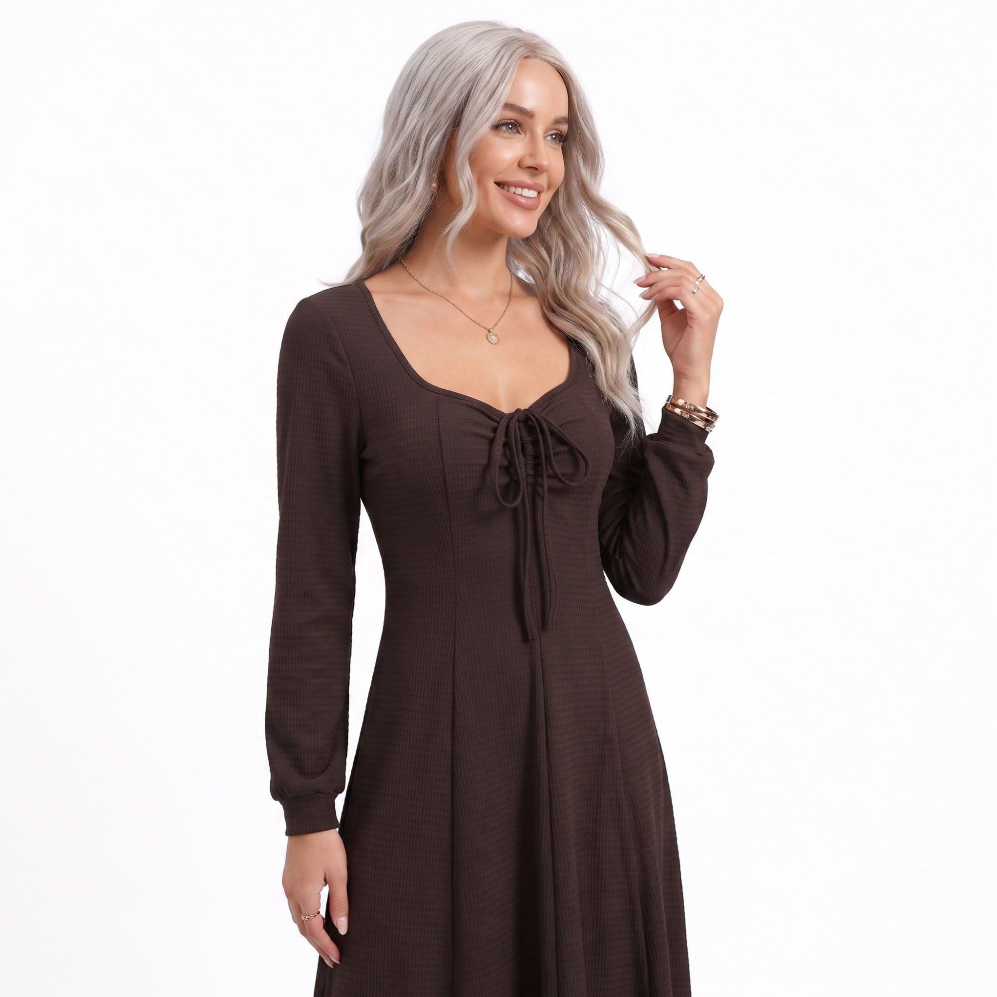 Tie Front Maxi Dress Square Neck Long Sleeve Fit and Flare Textured Dress