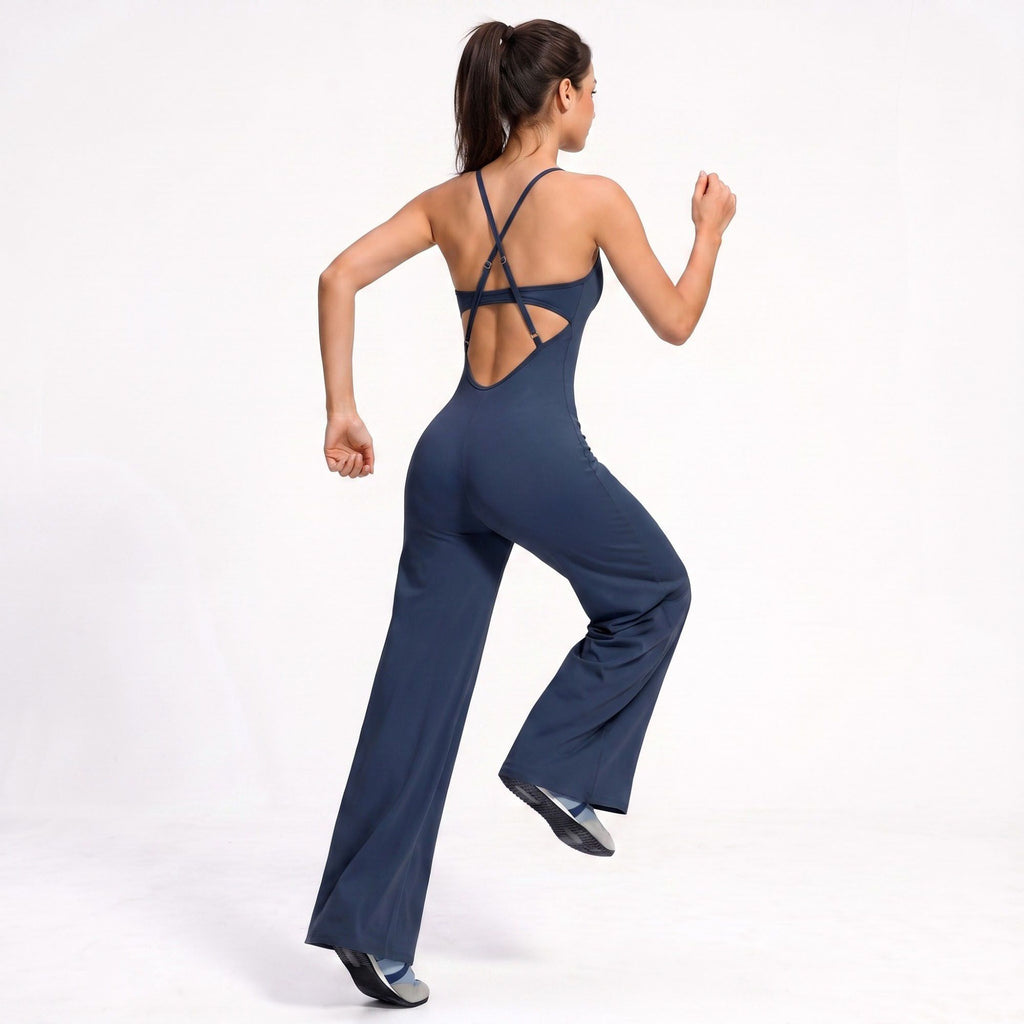 Scoop Neck Wide Leg Athletic Jumpsuit with Adjustable Crisscross Back Straps for Yoga Gym