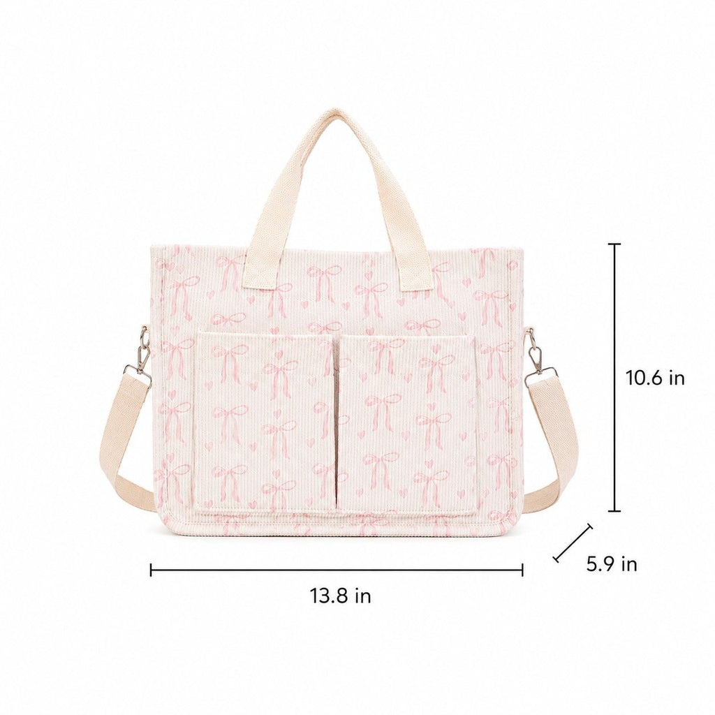 Canvas Tote Bag with Bow Print Large Capacity Lightweight Adjustable Shoulder Bag
