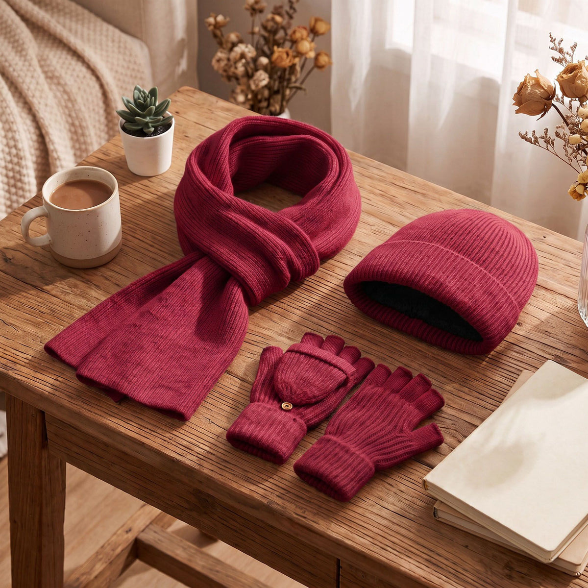 3 Piece Beanie Scarf and Convertible Fingerless Gloves Winter Set