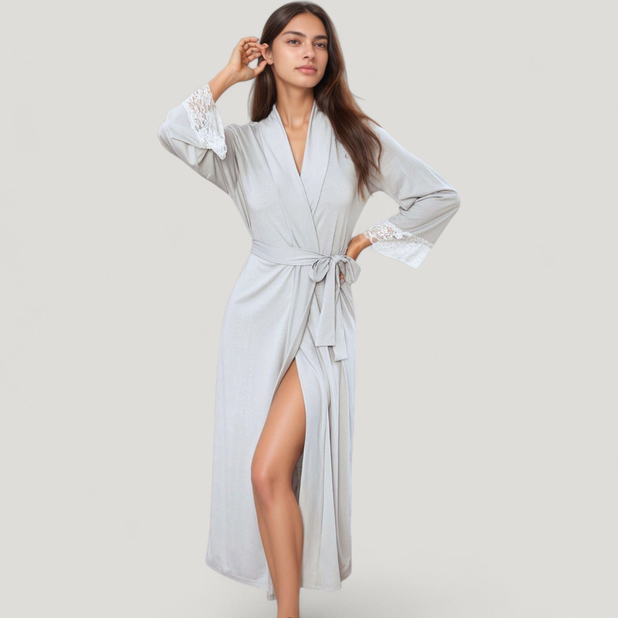 Anna-Kaci Lounge Women's Long Wrap Robe with Waist Tie and Contrast Lace Trim Sleeves