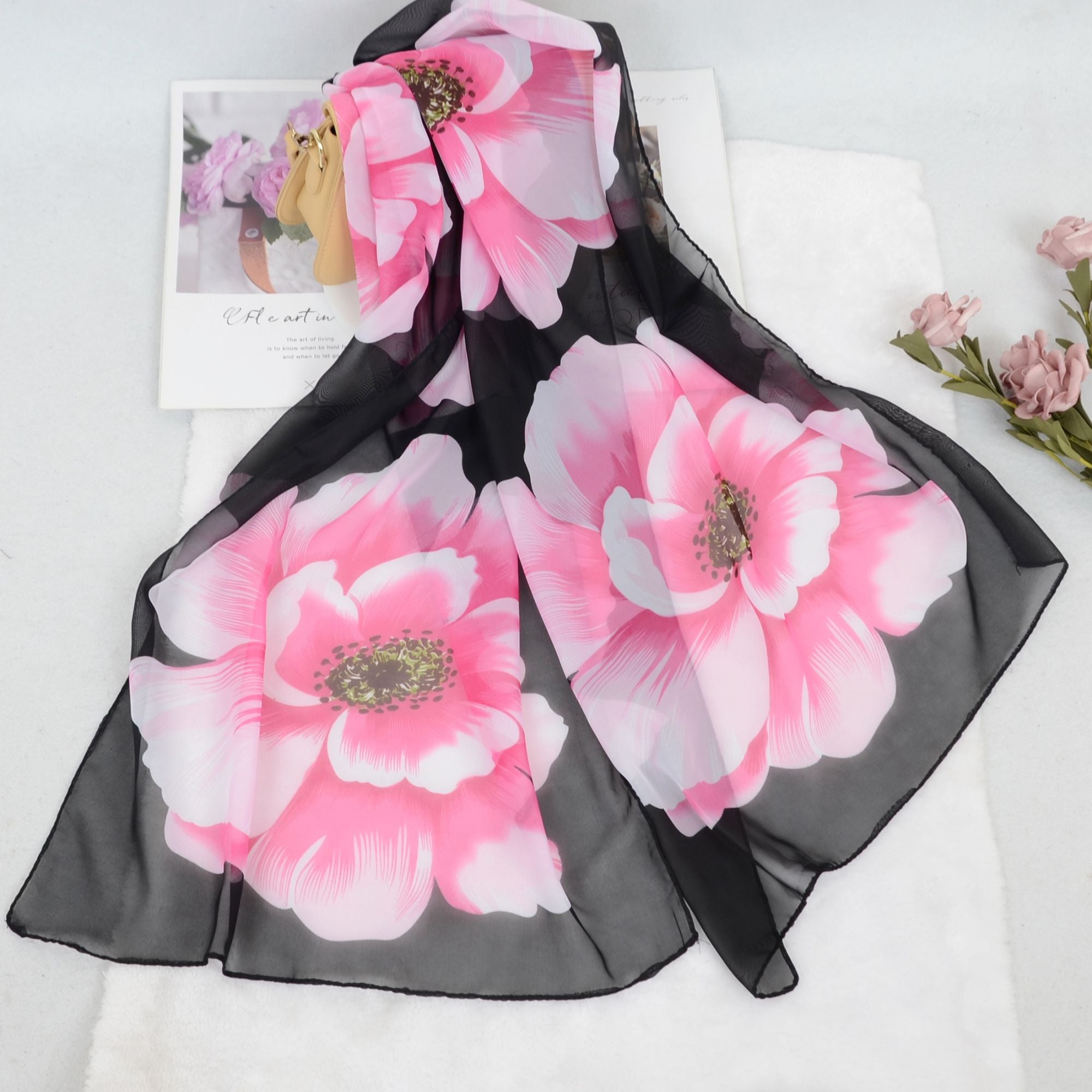 Floral Print Chiffon Scarf Lightweight Sheer Shawl Wraps Scarves for Women 19.69 x 63 inches
