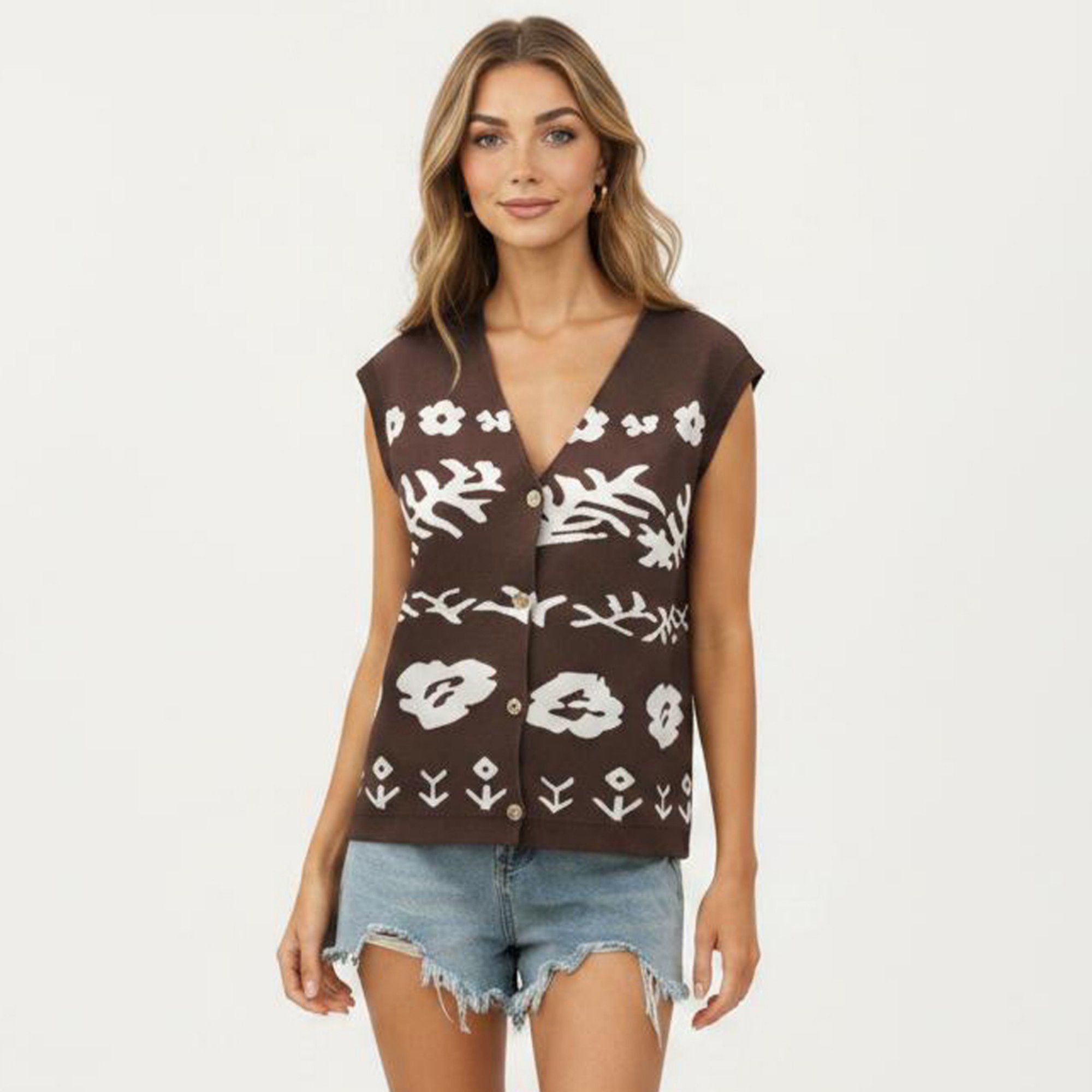 Anna-Kaci Women's Sleeveless Floral Knit Vest Top with V-Neck Front and Button Detail