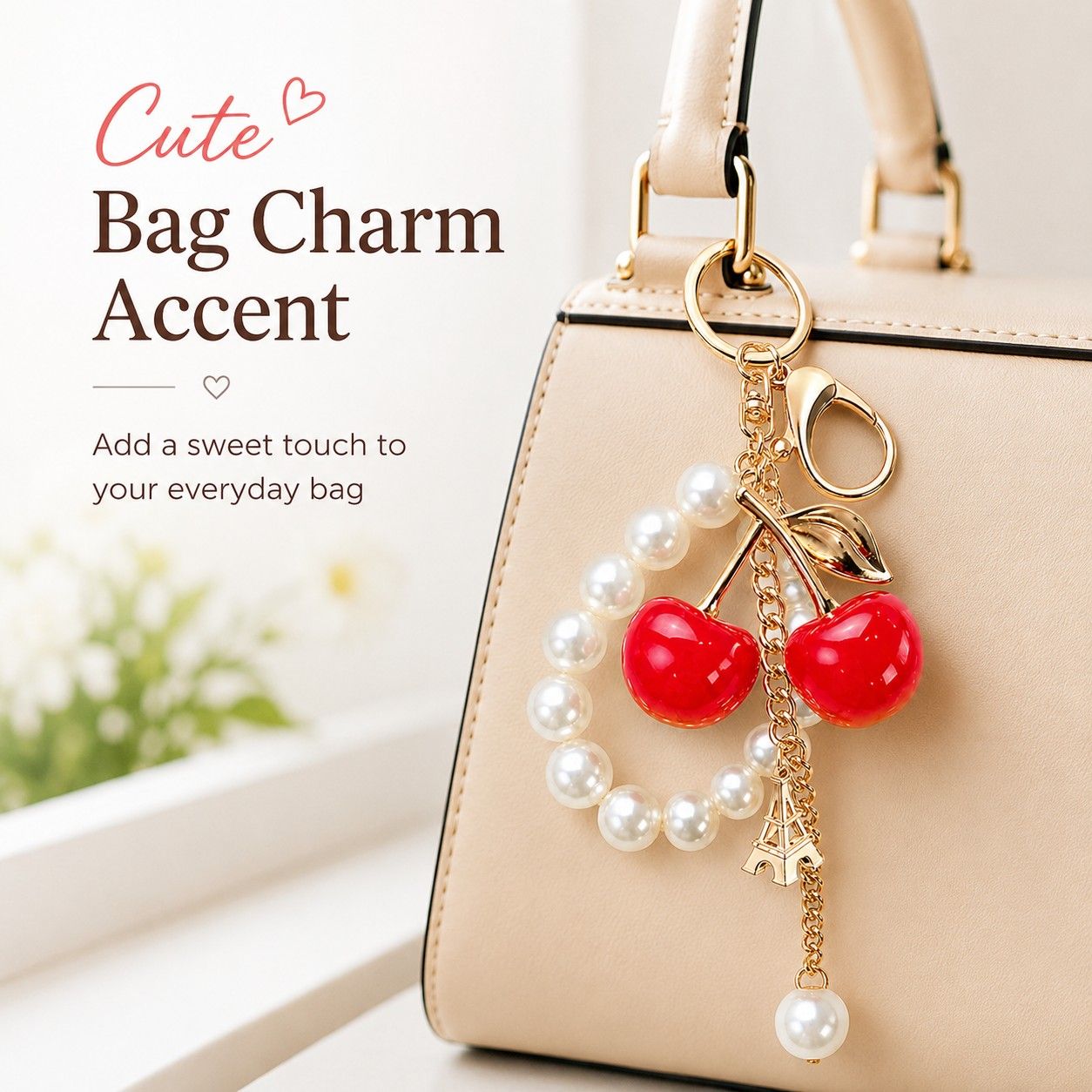 Cherry Bag Charm Keychain with Faux Pearl Loop and Gold-Tone Clips