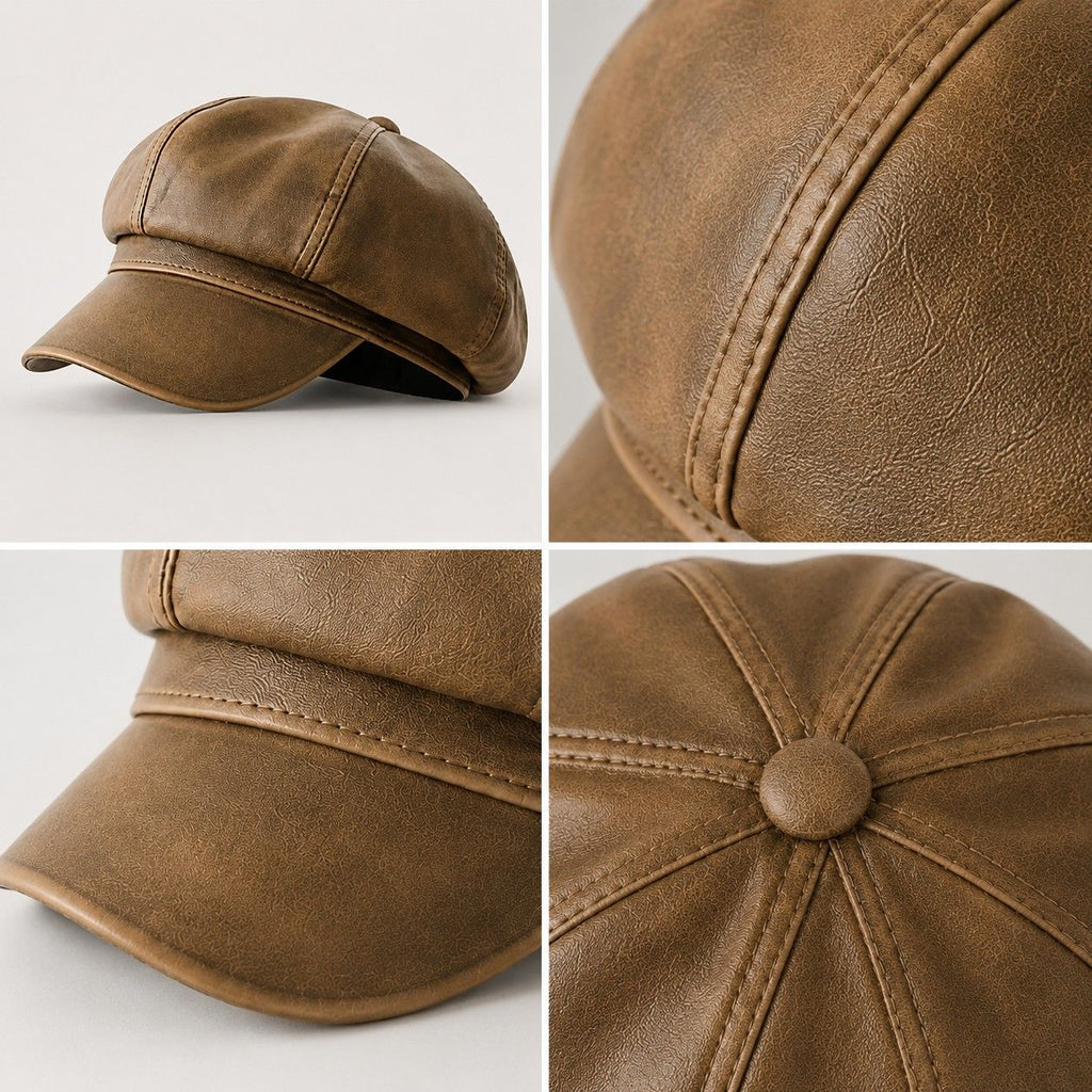 Faux Leather Newsboy Cap Vintage Eight Panel Baker Boy Hat Distressed Style